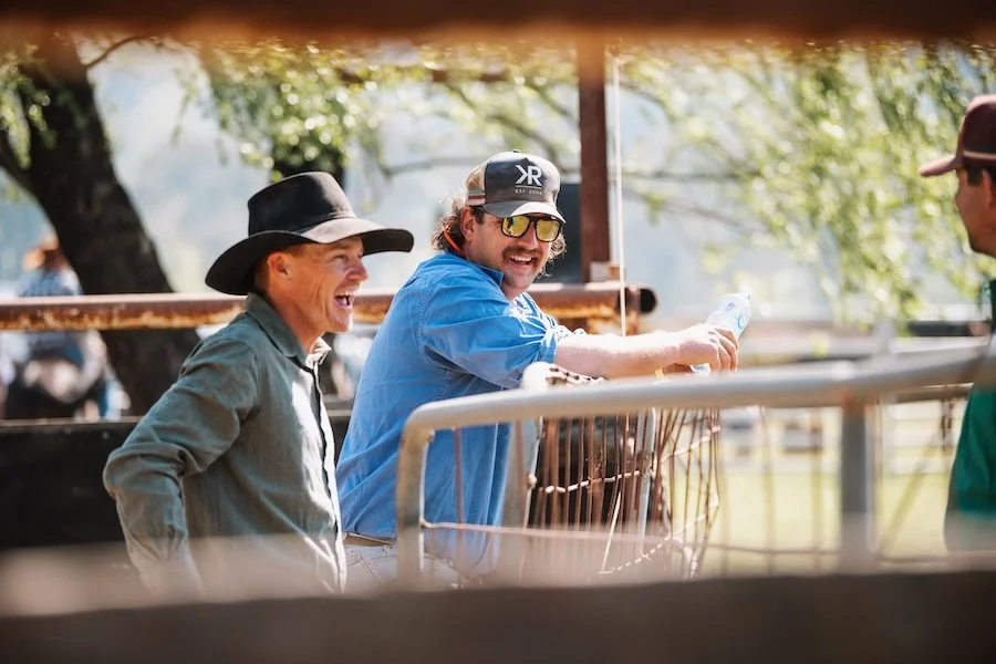 men leaning on a gate at a campdraft