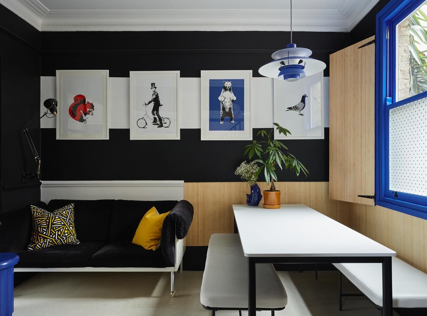 Probably the most dramatic room in the house. Hugely influenced by the love of art, the Memphis movement, Camille walala, monochrome and the need for clean, uncluttered surfaces. 

The danger for this room, because it leads into the more formal livin