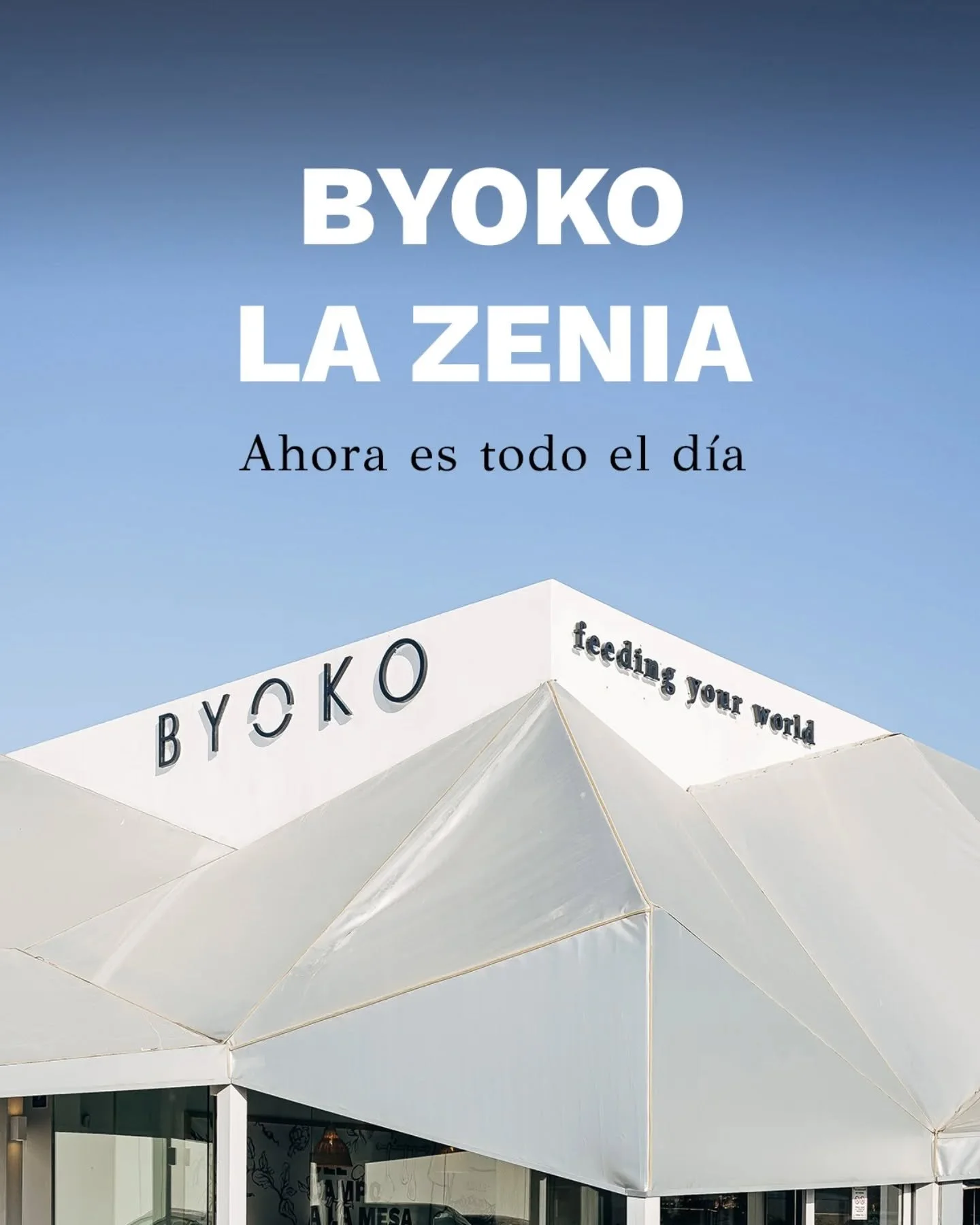 Antes ven&iacute;as a Byoko La Zenia por la ma&ntilde;ana.
Ahora puedes venir cuando quieras.

Abrimos todos los d&iacute;as de 9:00h. a 21:00h. 🕘

Desayunos que empiezan el d&iacute;a, ☀️
brunch sin reloj,
comida real&hellip; 🌿
ahora abierto todo 