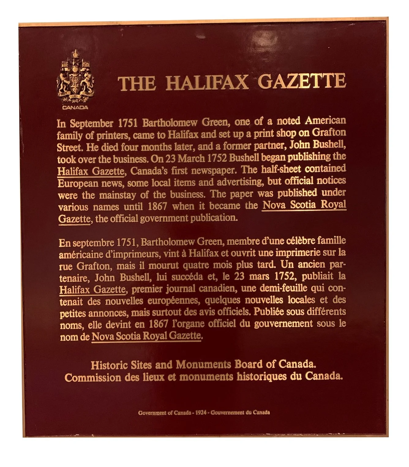 historic plaque for the Halifax Gazette