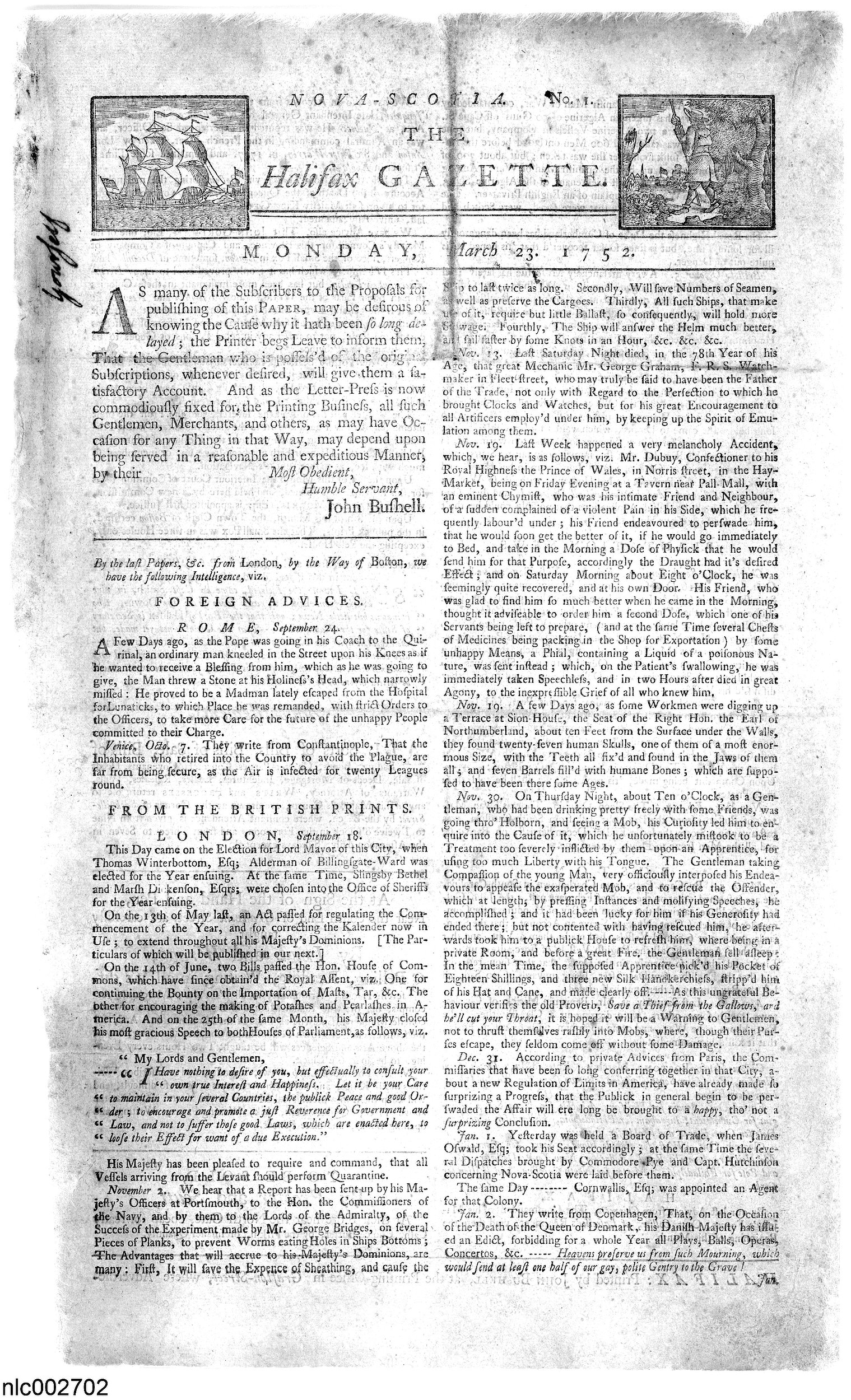 Halifax Gazette, Canada's first newspaper