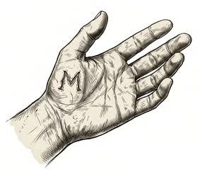 illustration of an open hand branded with the letter M