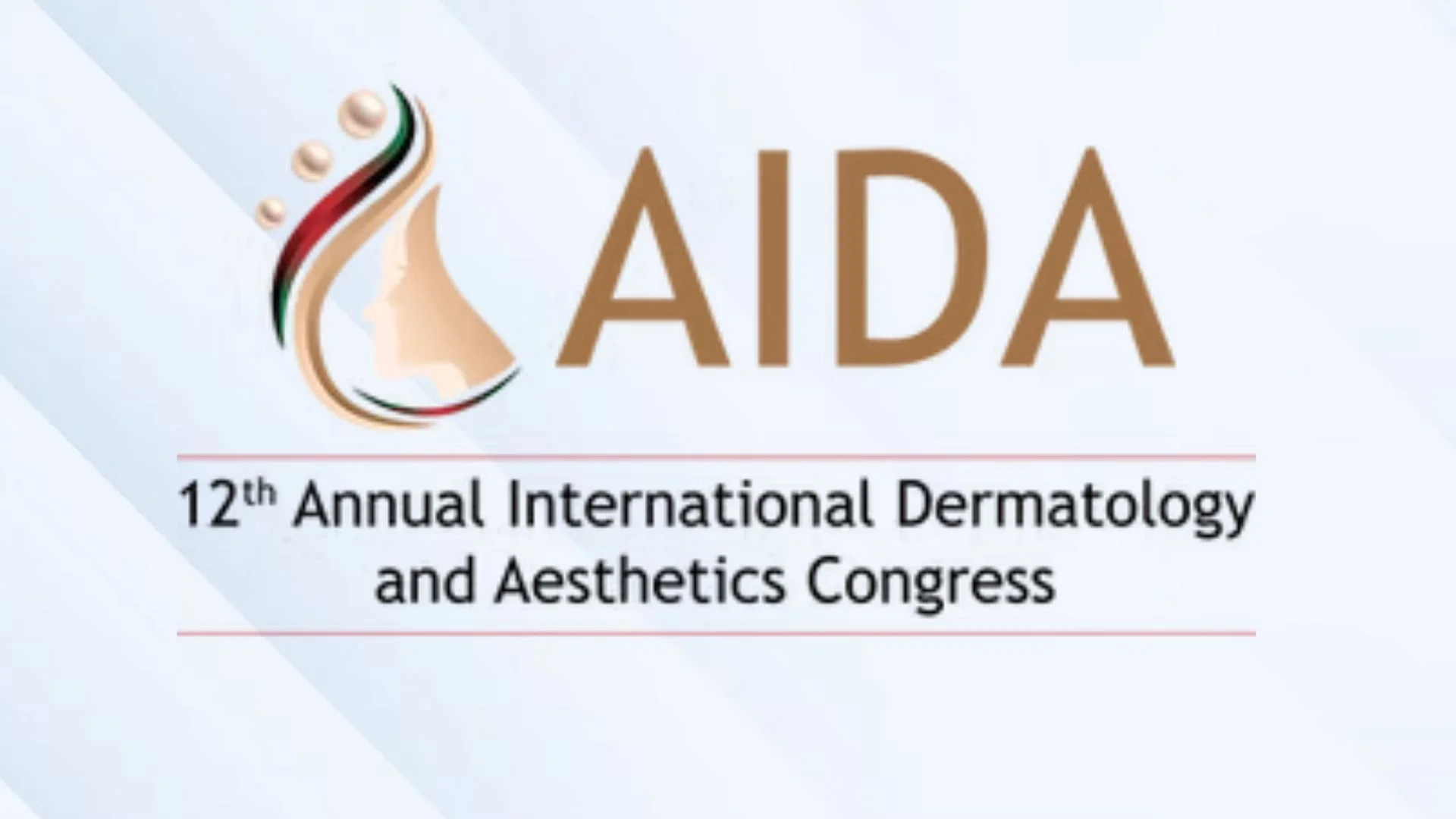 The image shows the word 'AIDA' with the first and last letters in pink and the middle letter 'D' as a blue circle with a white profile silhouette of a woman with leafy accents in her hair, facing to the right.