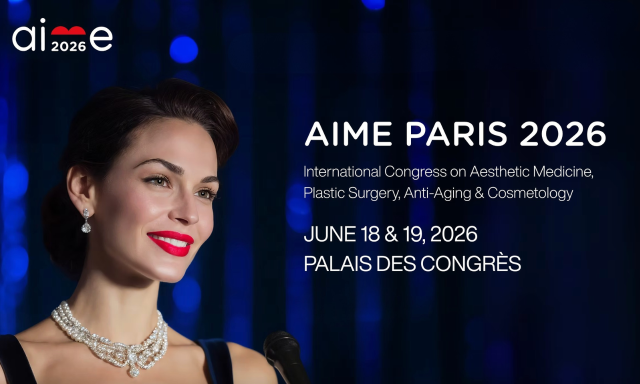 A woman with short dark hair, jewelry, and red lipstick speaking into a microphone at a medical conference. The event is AI 2026, with tickets available for June 18 and 19, 2026, for doctors and surgeons.