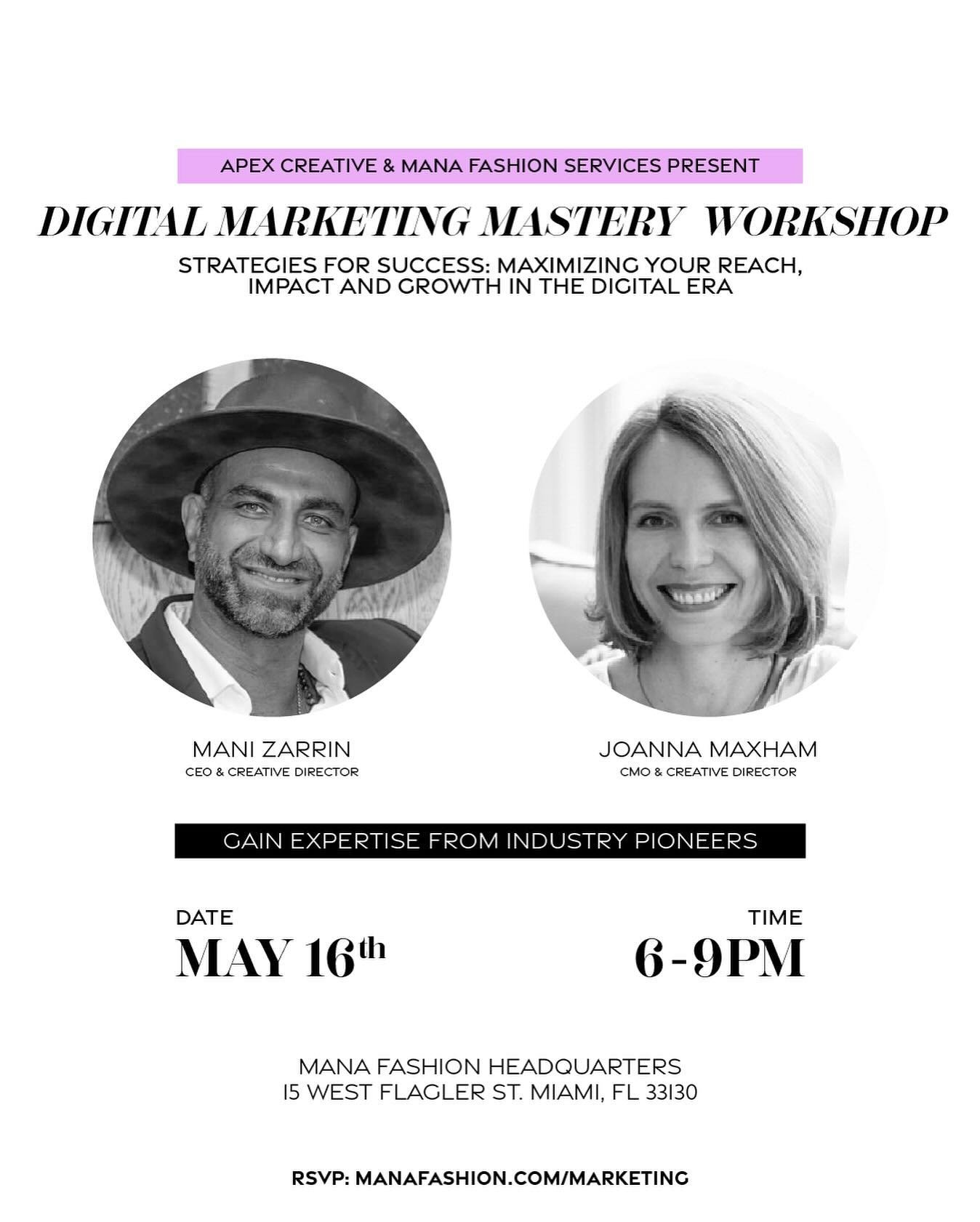 We have exciting News!🥁 Join us for an exclusive workshop featuring industry experts @joasiamaxham and @manizarrin from Apex Creative. They will be diving into marketing campaigns with invaluable strategies across social media ads, Google ads, and e