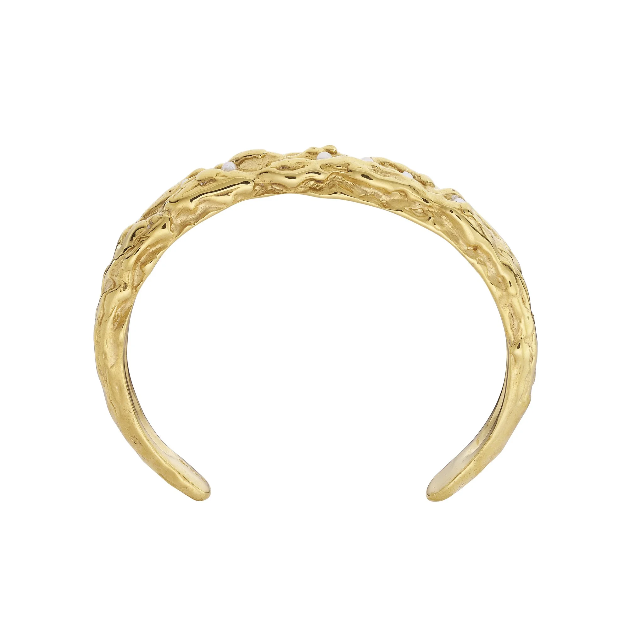 Clare Maiden Storm bangle in textured gold vermeil inlaid with cultured pearls, front view of the open cuff