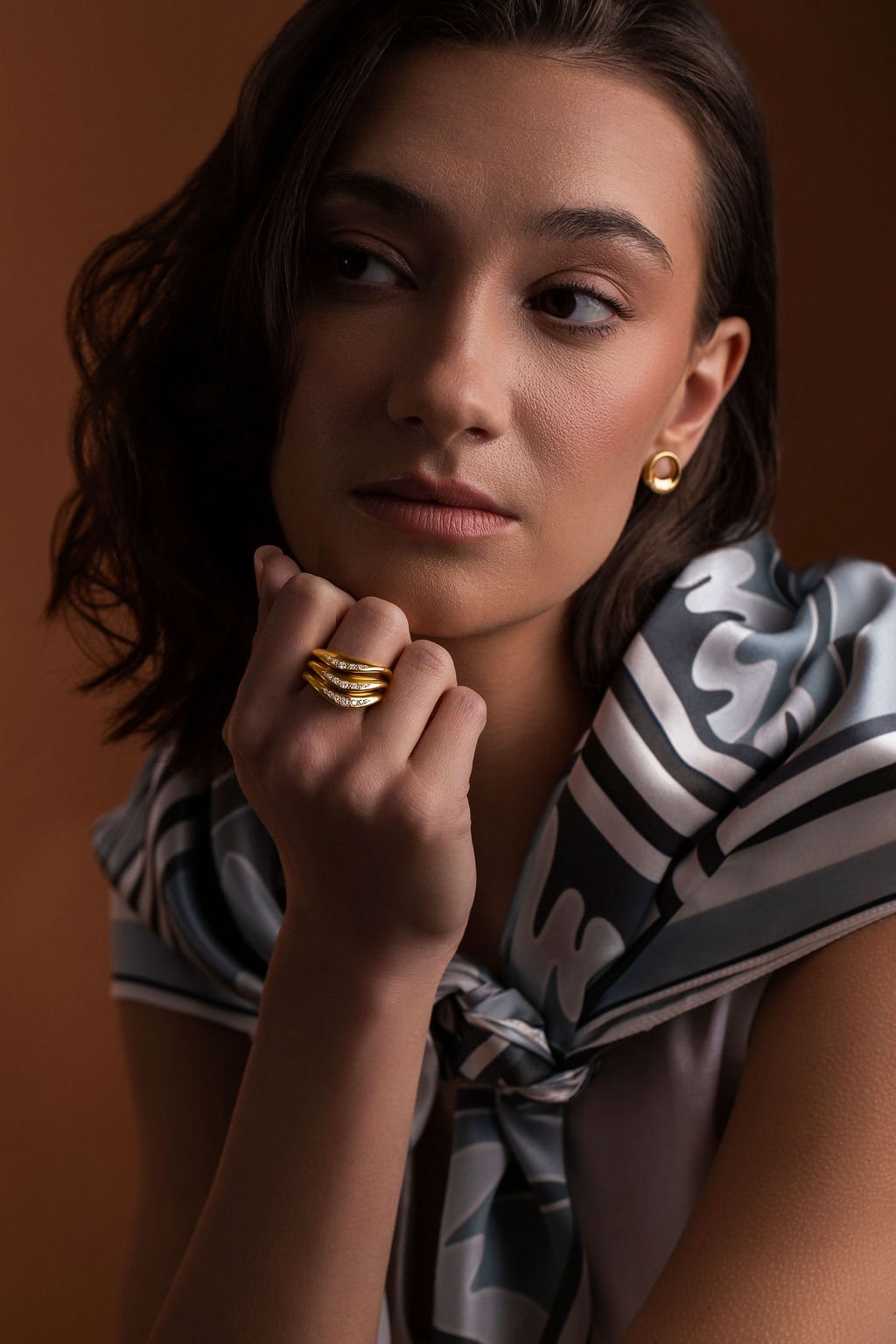 Clare Maiden-Wave-Ring-Earrings-Gold-Diamonds-Scarf-Model-Portrait.jpg