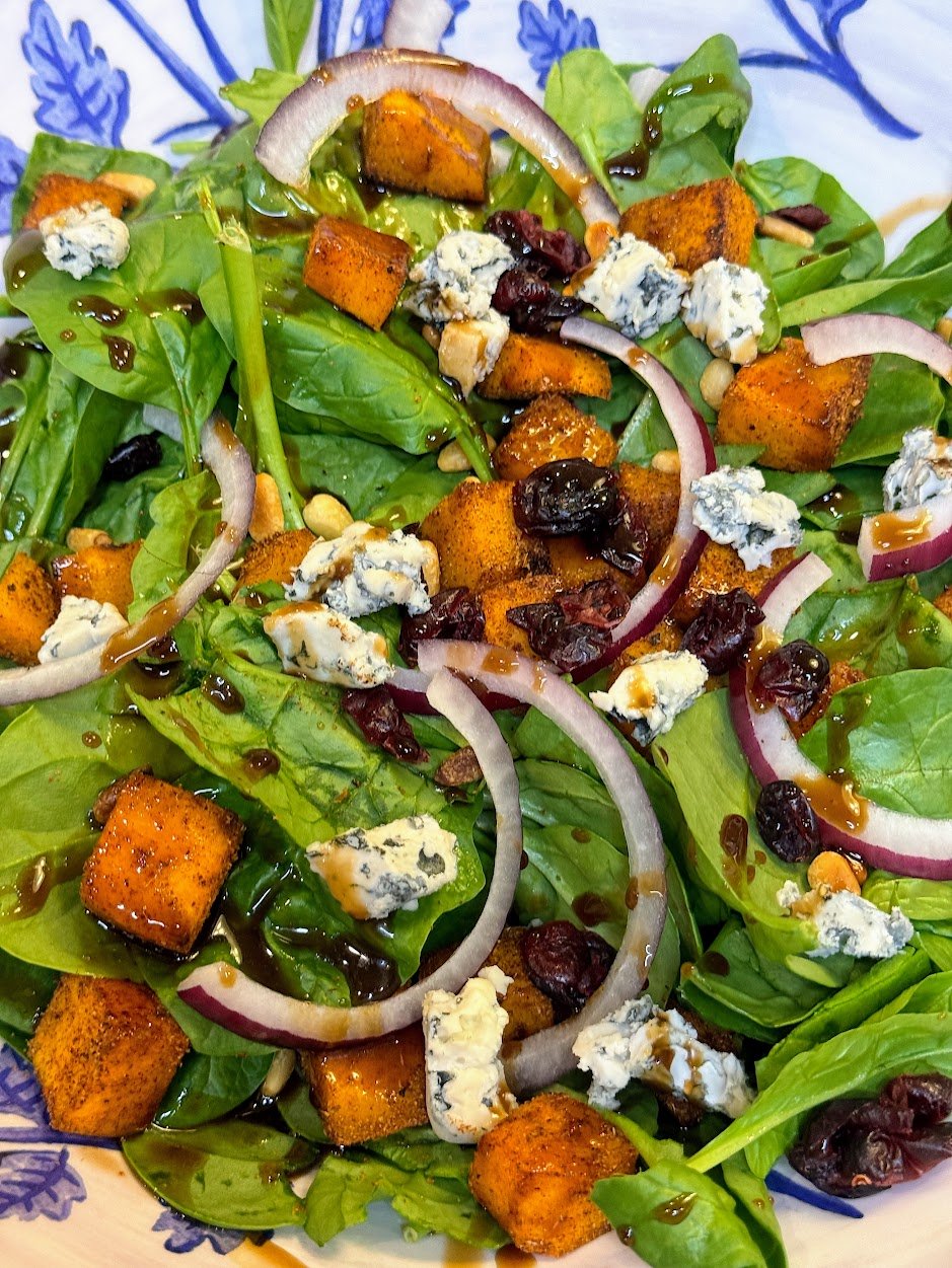 Spiced Butternut Squash & Spinach Salad with Honey-Balsamic Dressing