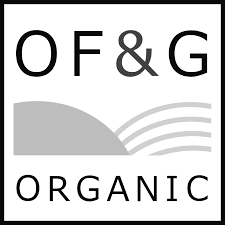 Logo for OF&G Organic with an illustration of a hill and lines representing land or fields