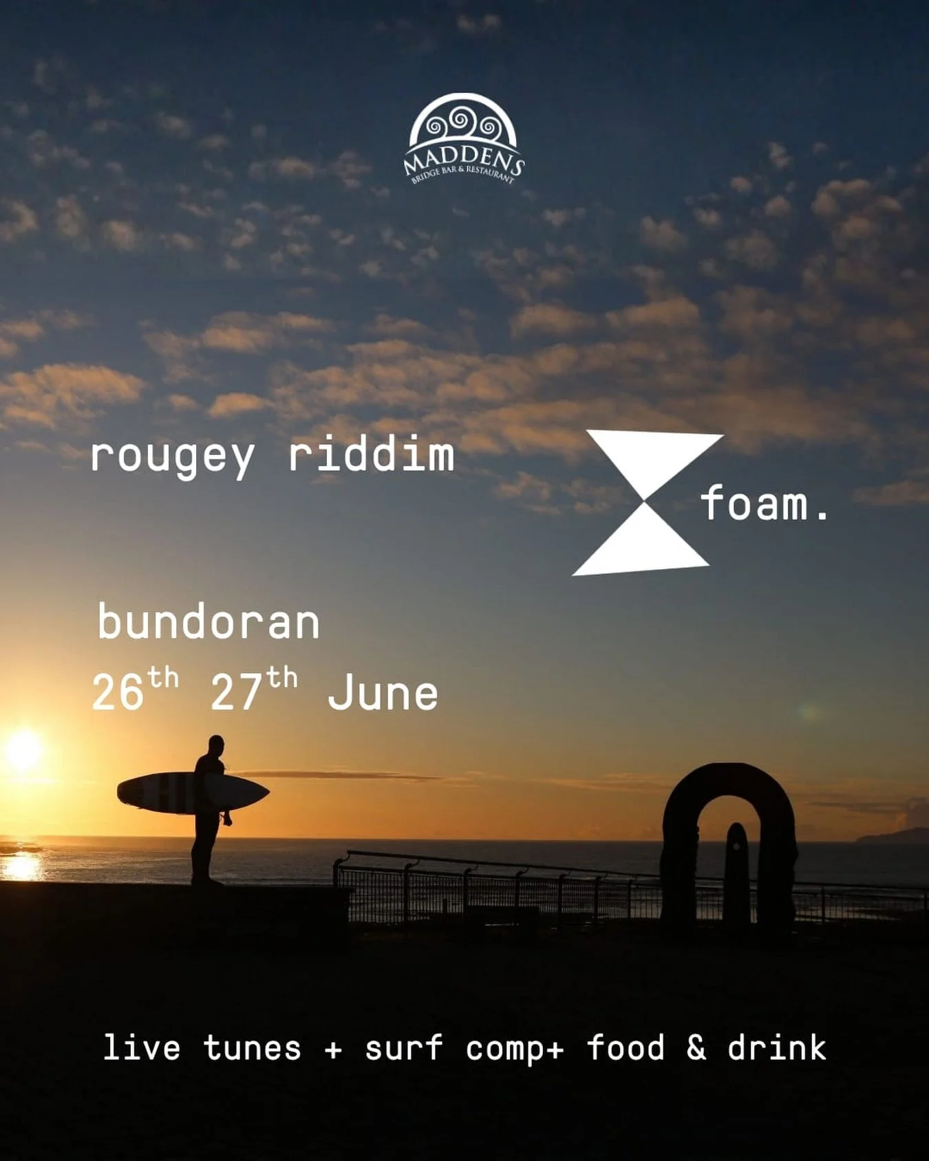 ROUGEY RIDDIM comin&rsquo; dis weekend.
Hosted by the good folks at @maddensbridgebar, we&rsquo;re stoked to be joining the buzz with some banging tunes, food and a surf comp for the craic. 
We&rsquo;ll have some specials on from Friday (think jerk b