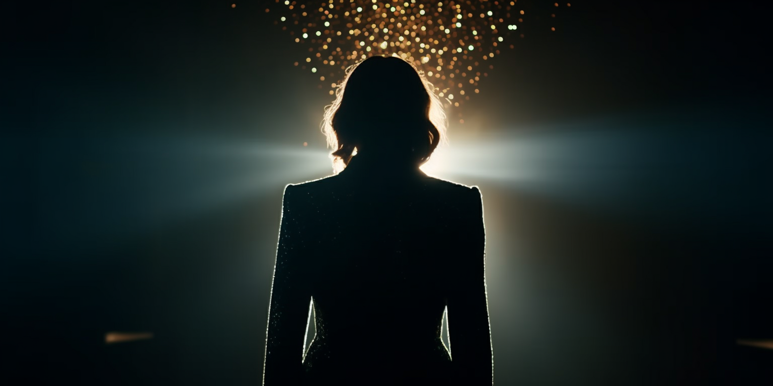 Naisnukke katsomassa lavateatteria, taustalla värikkäitä valoja.