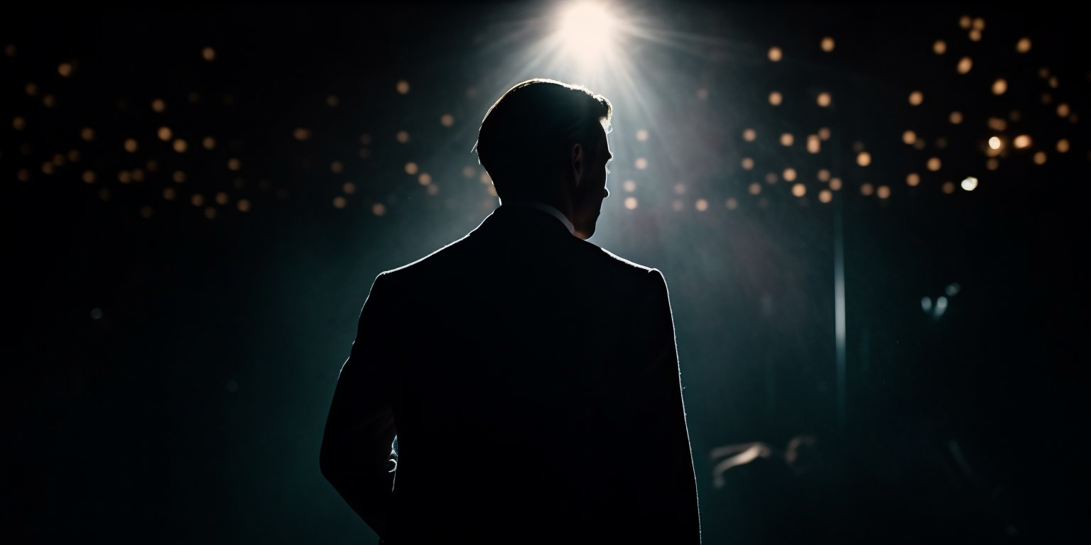 Henkilö puku päällä esiintymislavalla taustavalaistuksella, taustalla palloja ja valon sirpaleita.