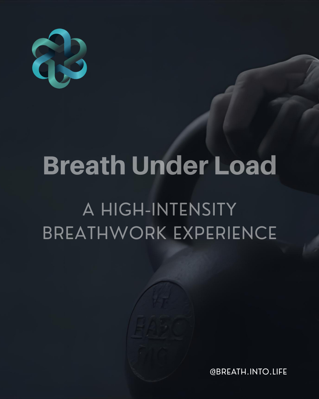 Dark background with a hand holding a stopwatch and a logo in the top left corner. Text reads 'Breath Under Load: A High-Intensity Breathwork Experience.'