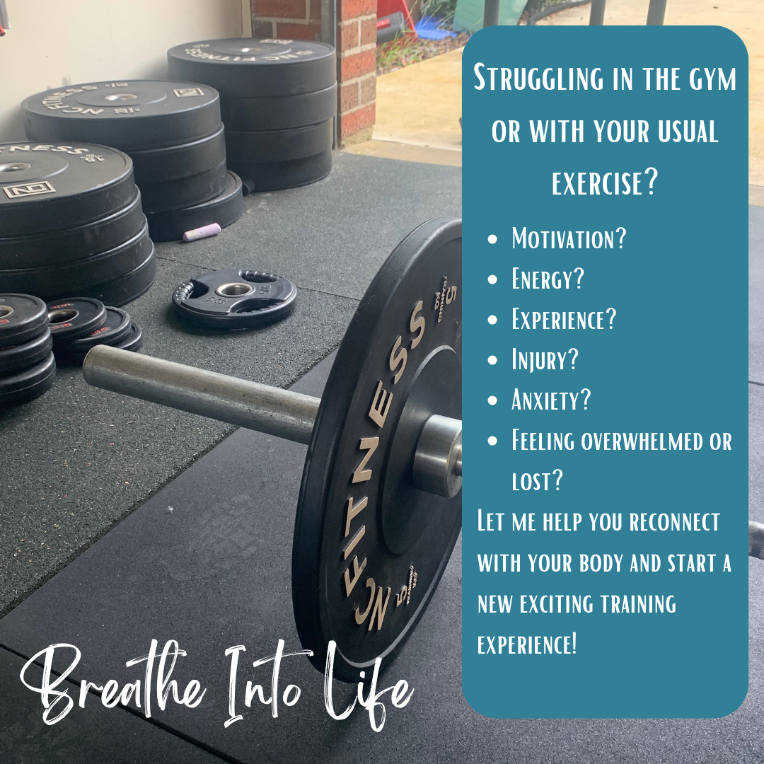 A gym setting with weight plates stacked on the floor next to a barbell. There is a pamphlet or advertisement with the headline 'Struggling in the gym or with your usual exercise?' and prompts about motivation, energy, experience, injury, anxiety, and feeling overwhelmed, offering help to reconnect with the body and start a new workout experience. The phrase 'Breathe Into Life' is written in cursive at the bottom.