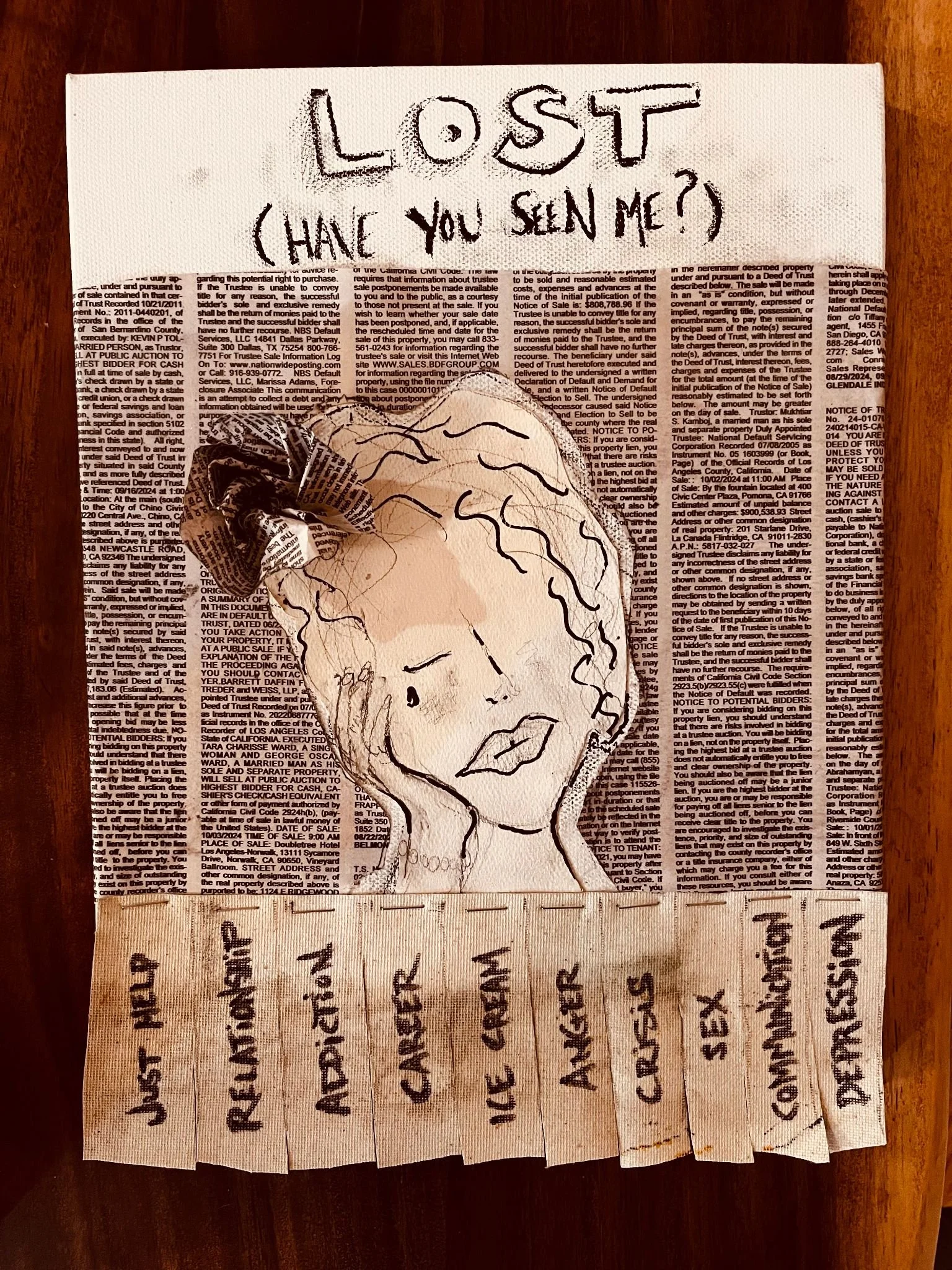A collage artwork with the phrase 'Lost, have you seen me?' at the top. it features a sketch of a woman's face with wavy hair and closed lips, overlaid on a background of printed text. Below the sketch, there is a handwritten list on strips of paper with the words: 'Just the right, rant, admission, adore, care, I.e. green, anger, sex, communication, depression, dream'.