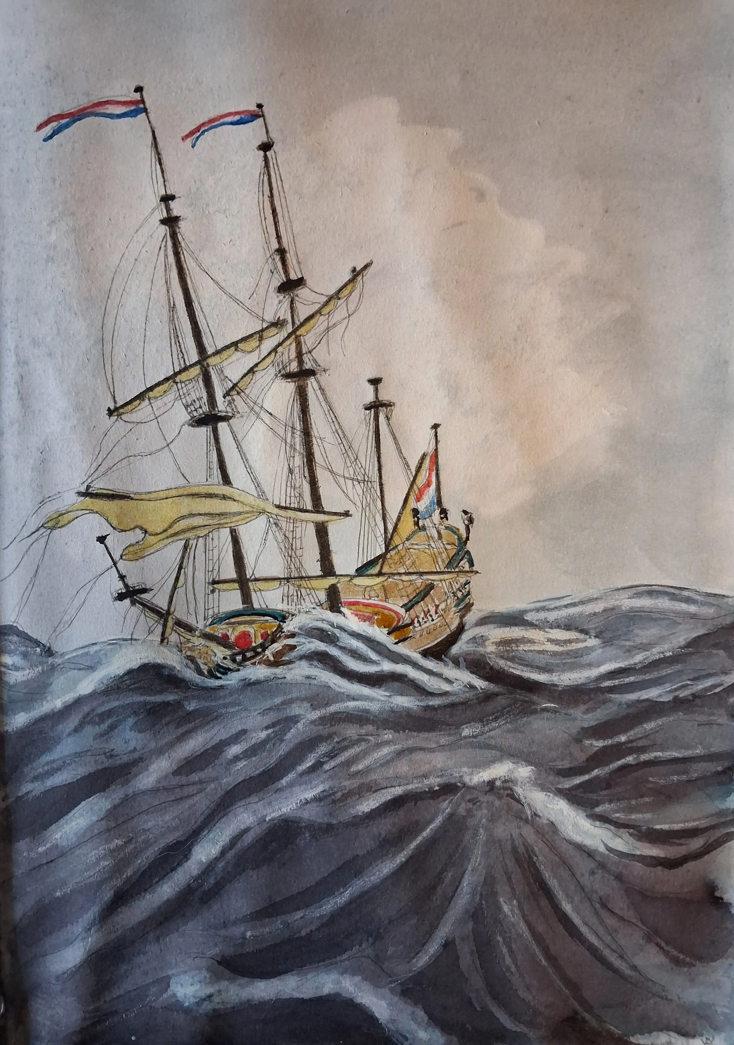 Bare poles, 2026 (after Van de Velde). Ink on paper- 21 x 30 cm / 8.3 x 11.7 in