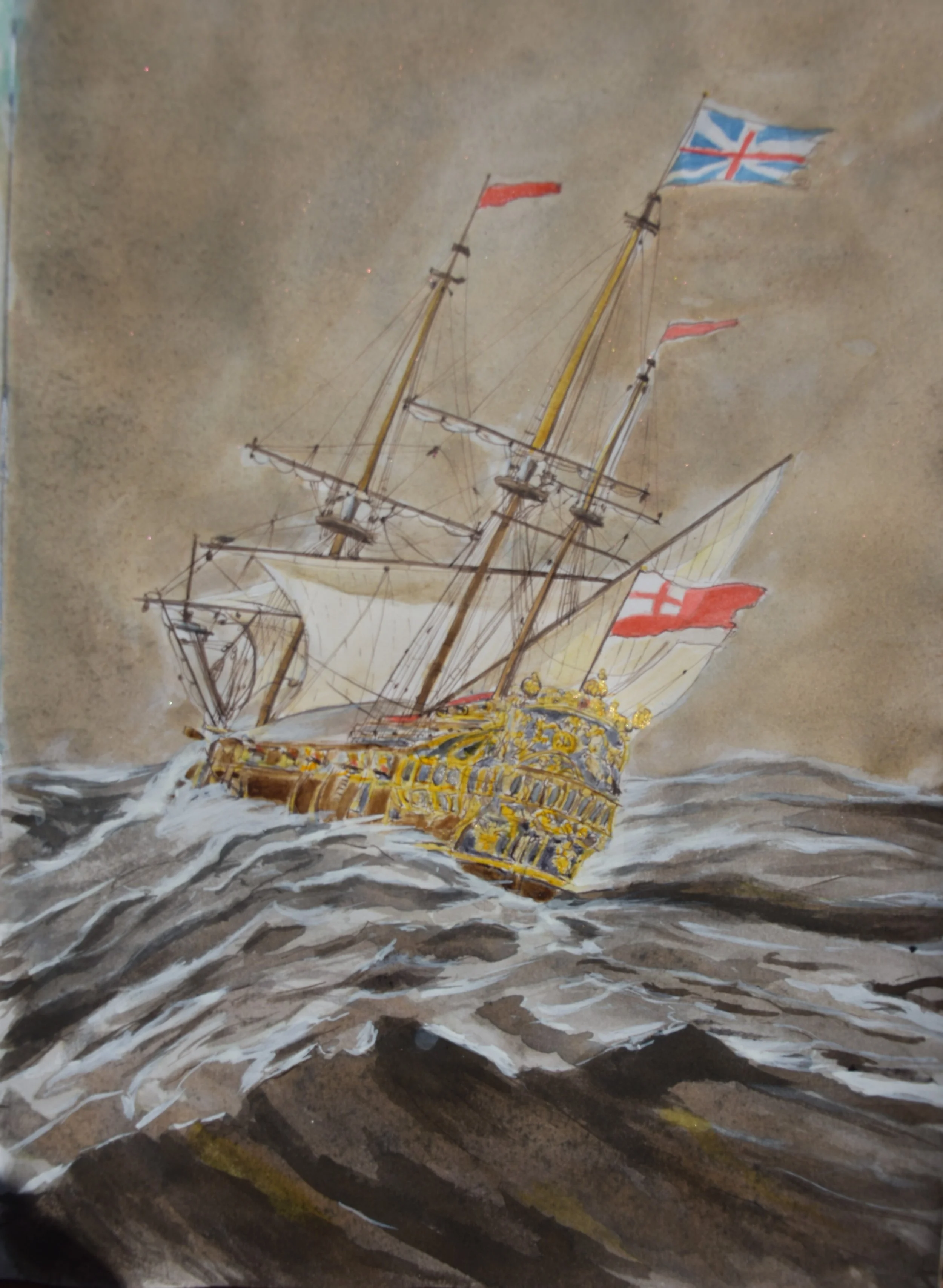 "The English ship Resolution in a gale." 2026.
After Van de Velde the Younger. Ink on paper- 21 x 30 cm / 8.3 x 11.7 in