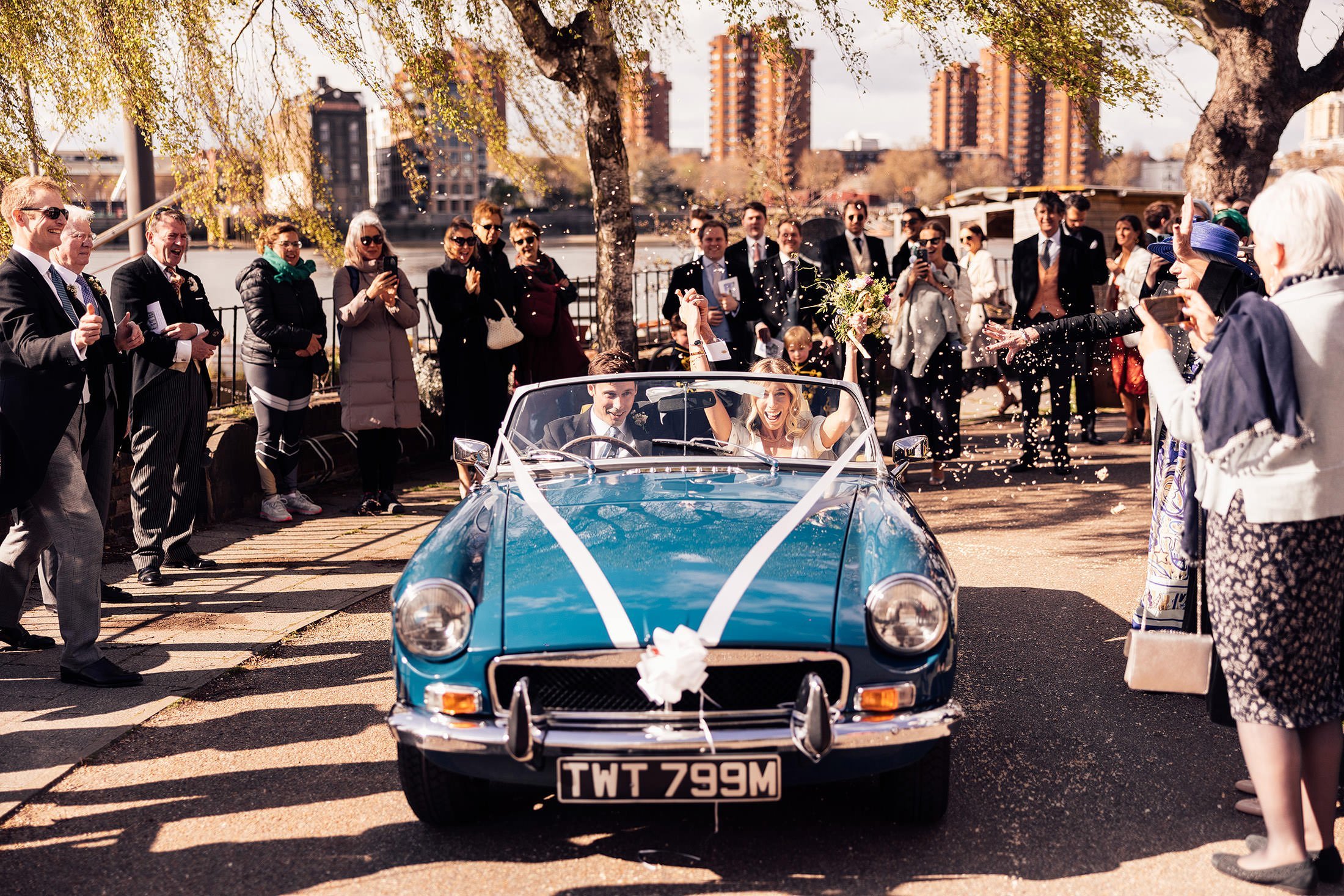 couples confetti exit in vintage blue mg 