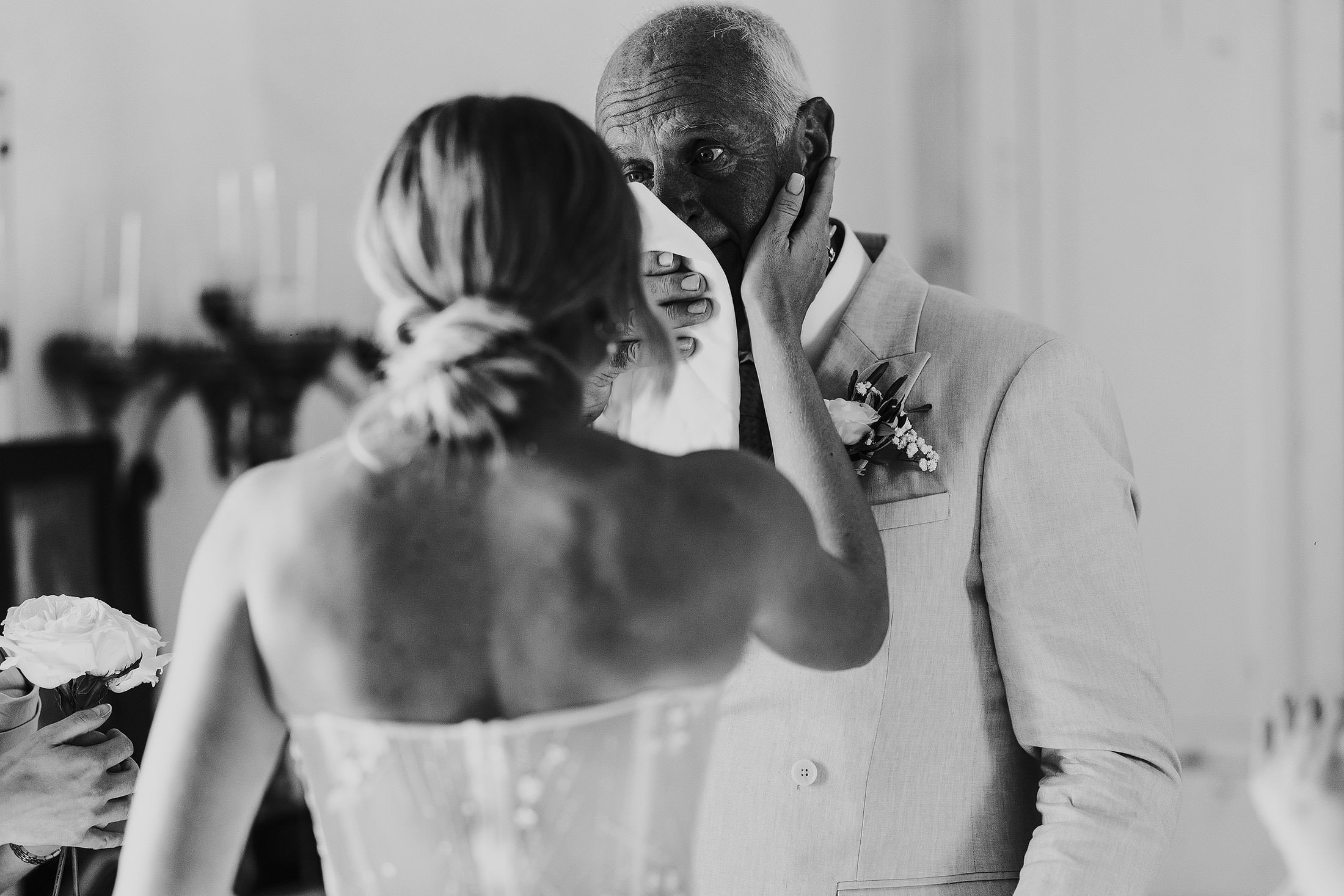 father of the bride cries at seeing bride in galia lahav dress