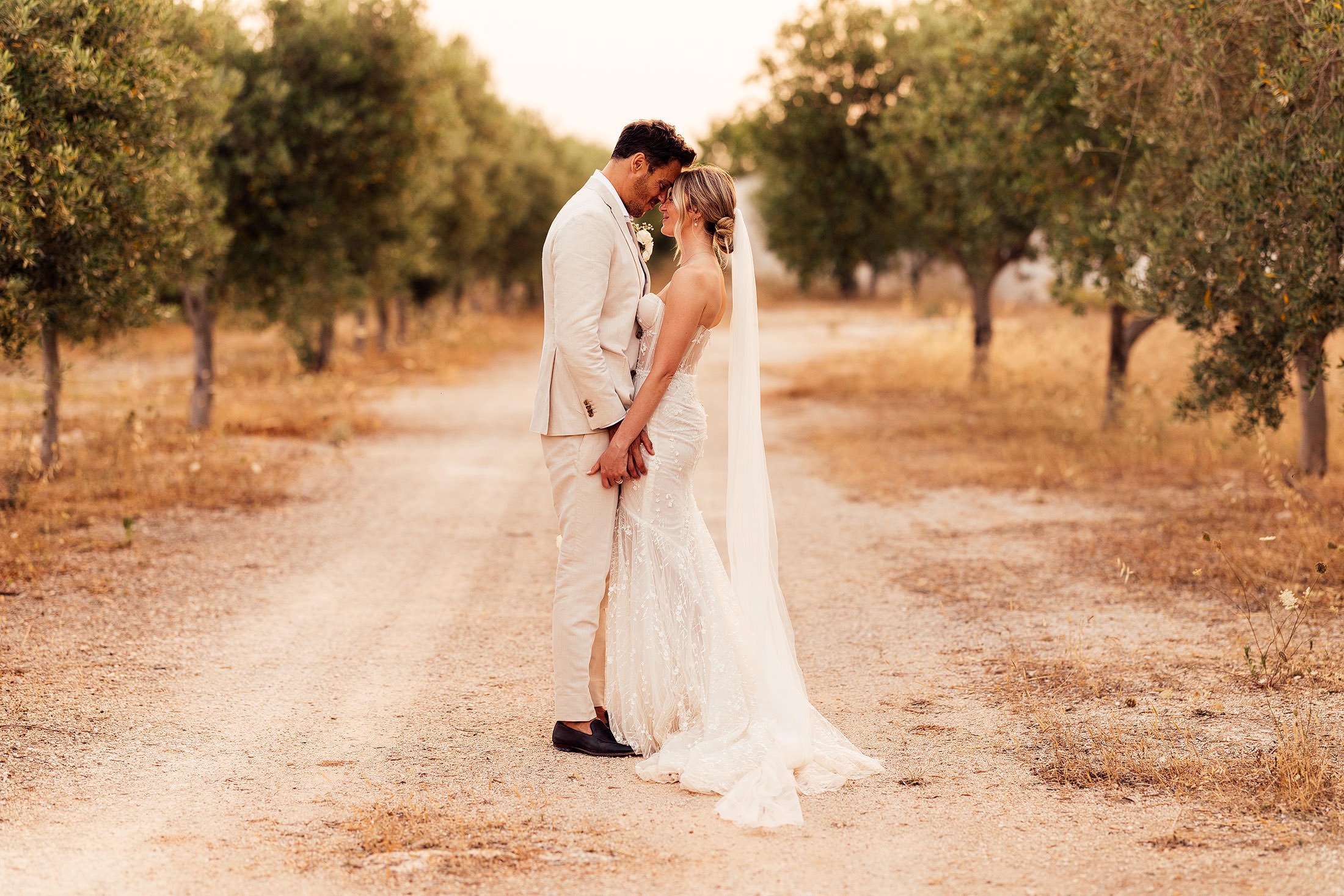 couple hug in olive grove at sunset in Puglia Italy