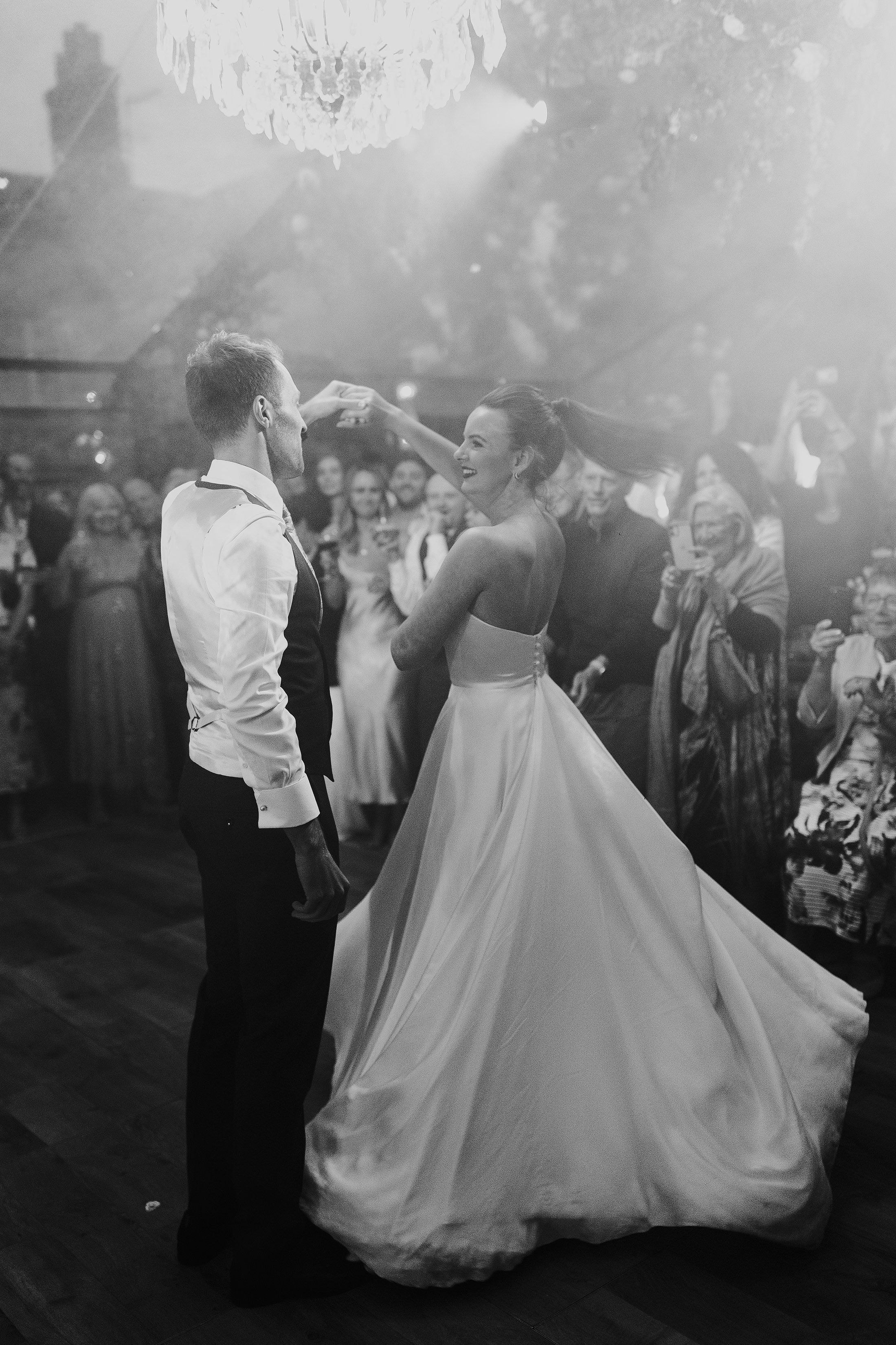 first dance moment with bride in Phillipa lepley dress and ponytail