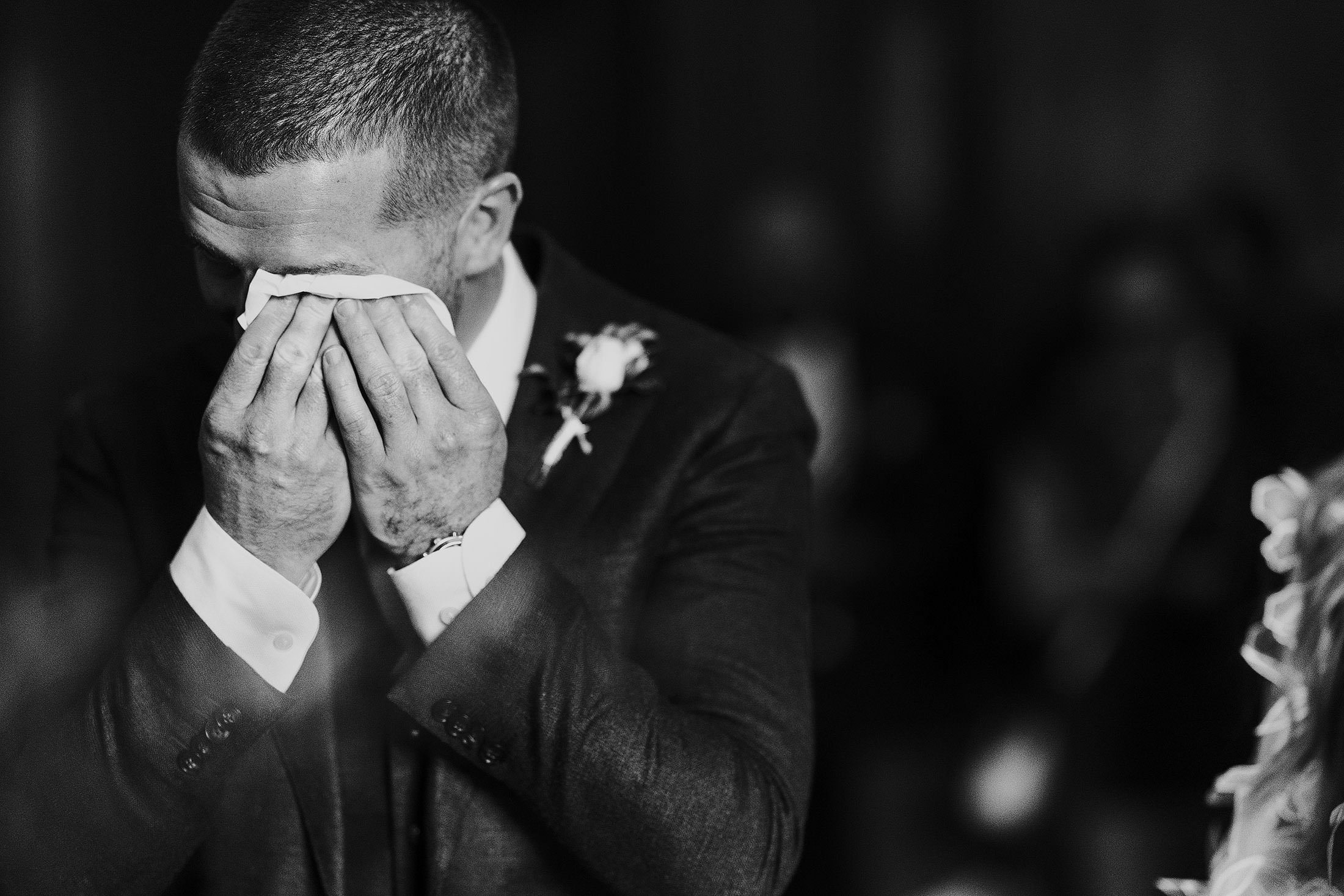 groom cries as he sees bride in Marylebone town hall