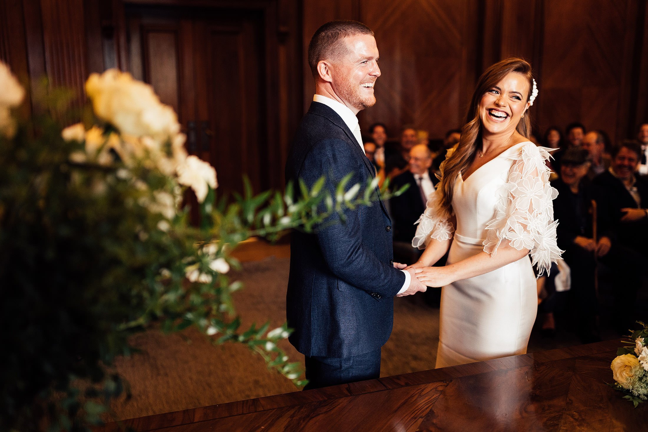 couple laugh during ceremony at Marylebone town hall