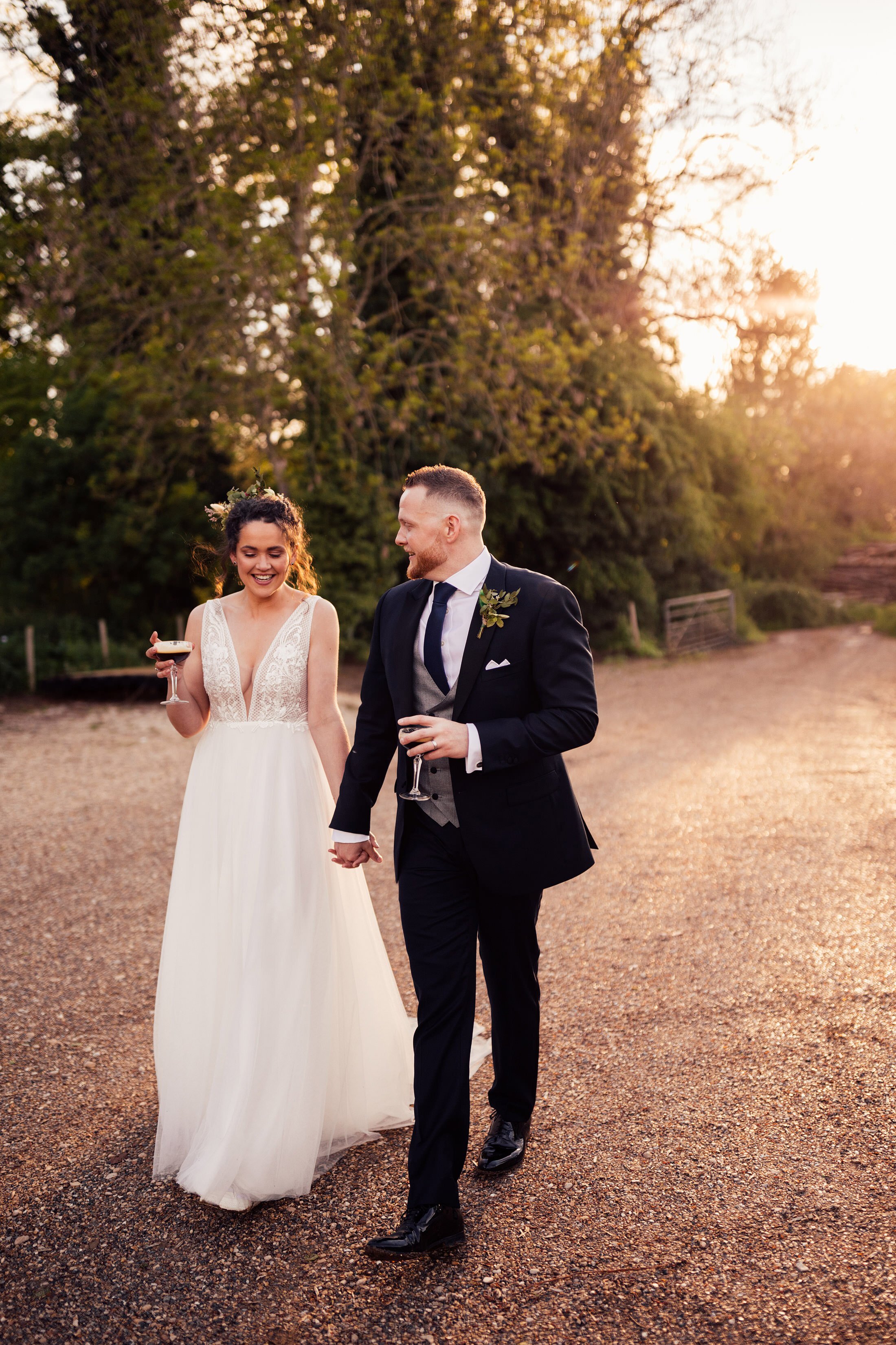 couple walk with espresso martinis 