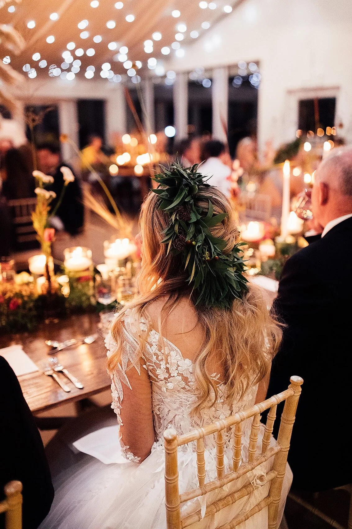 bride in bespoke riki dalal dress and floral crown