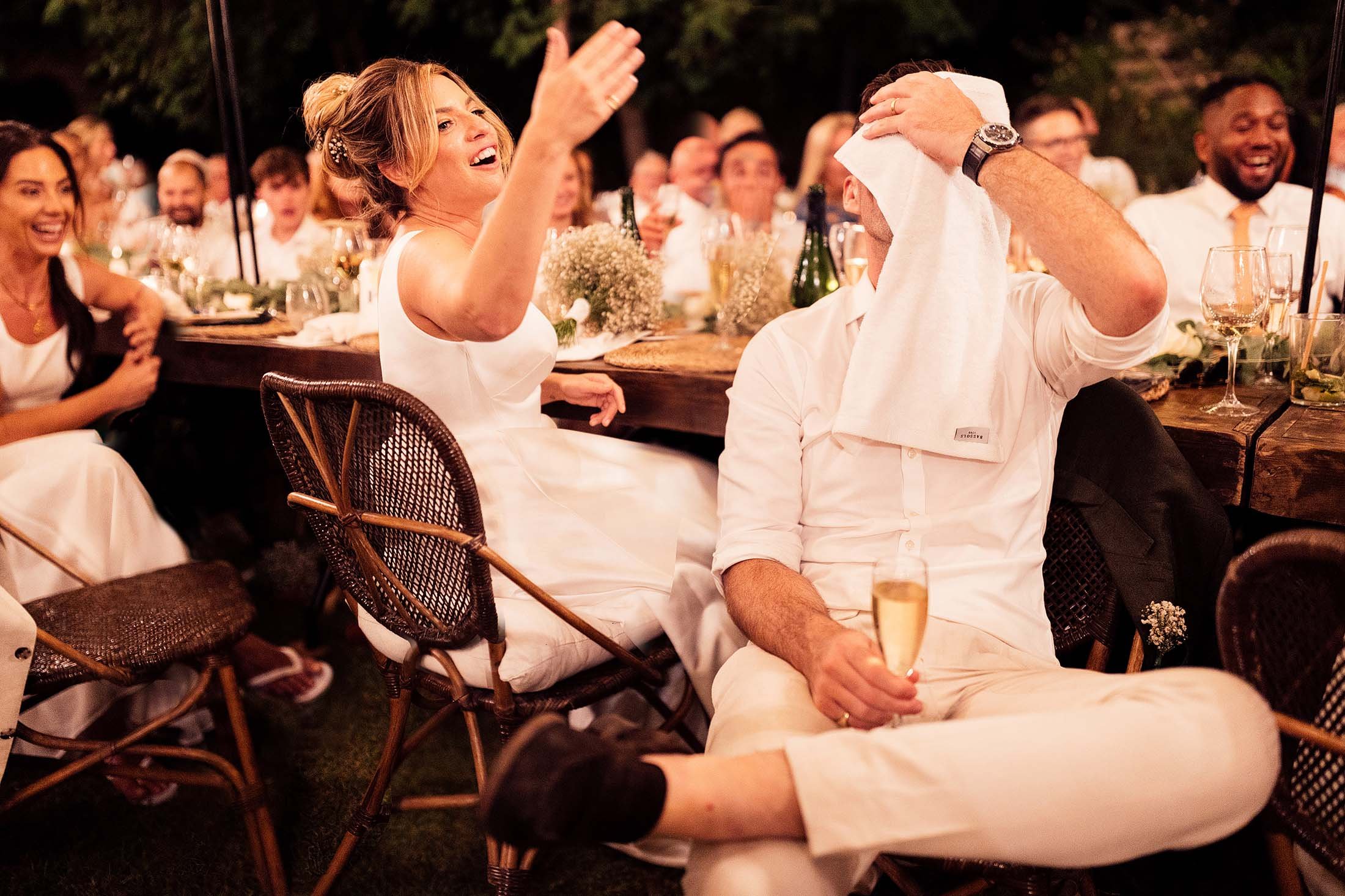 bride and groom react to best man speech at finca monasterio