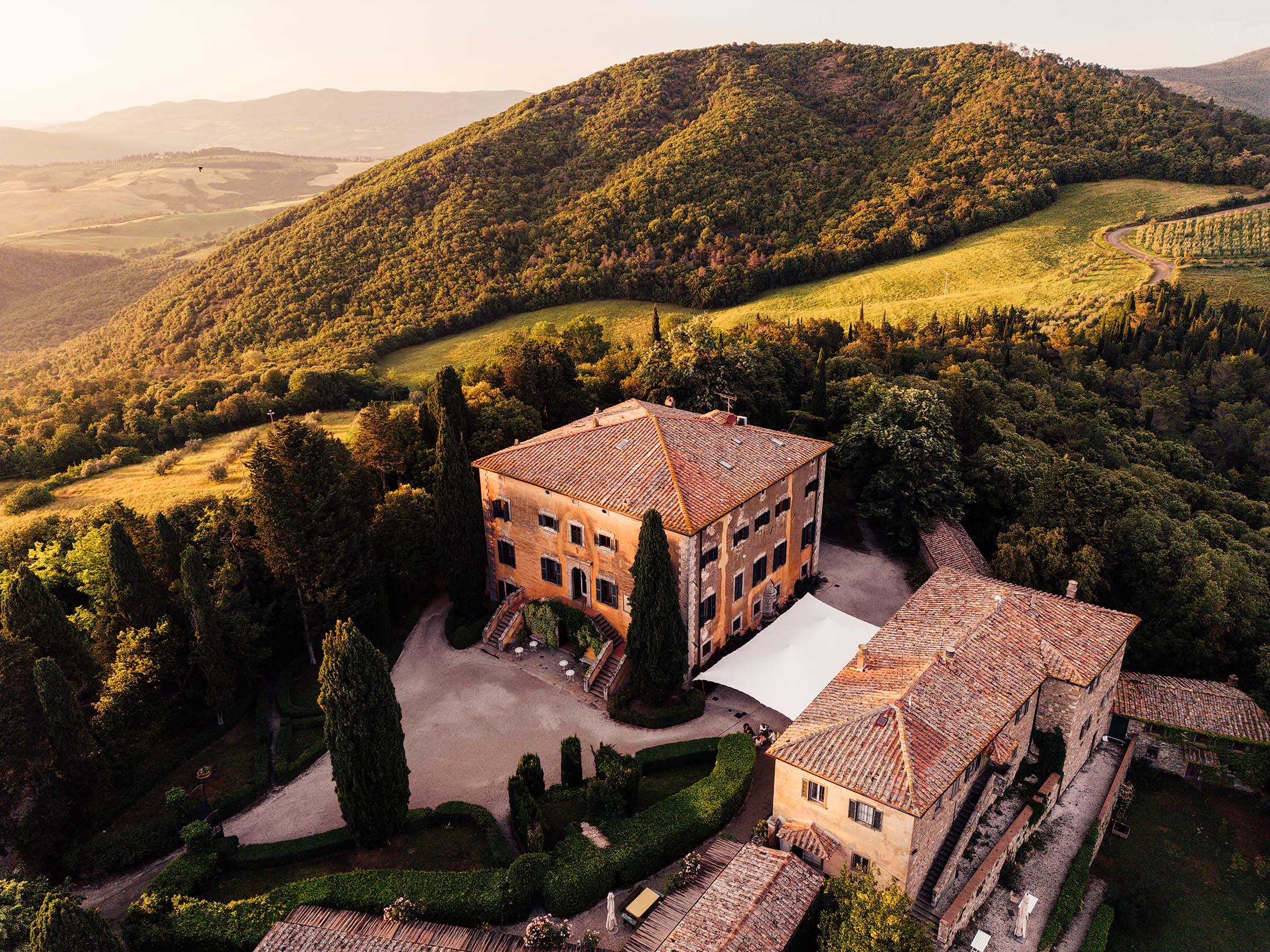 drone photo of villa di ulignano in volterra 