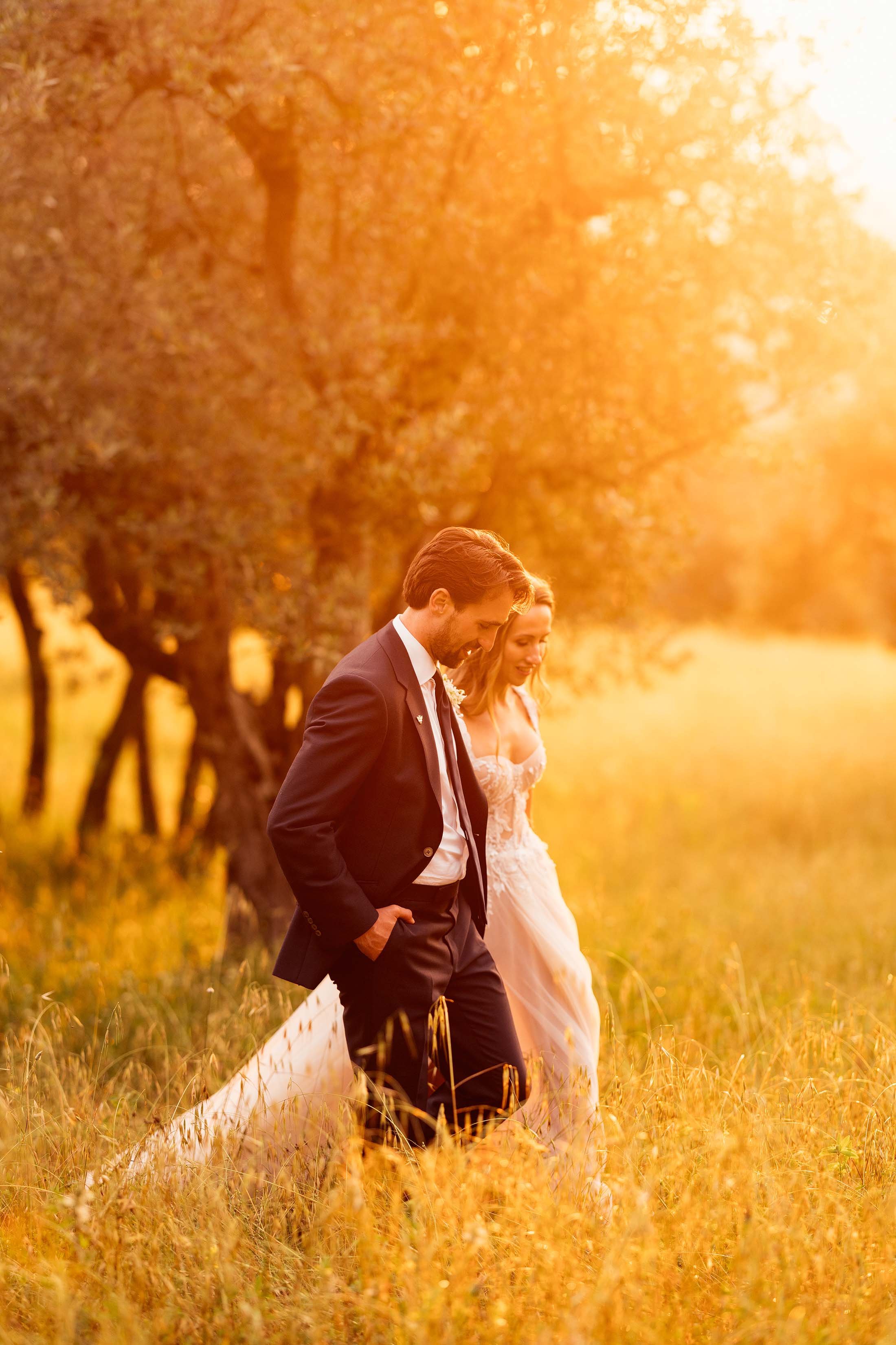 bride and groom walk at sunset in tuscan olive grove