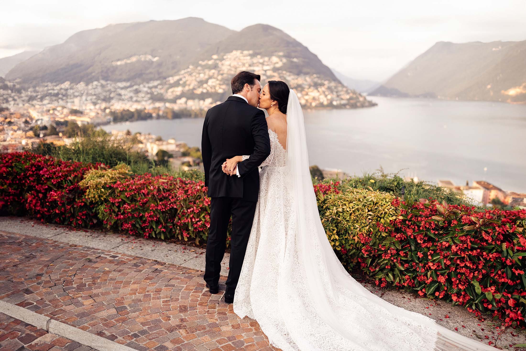 bride and groom portrait on Lake Lugano Wedding