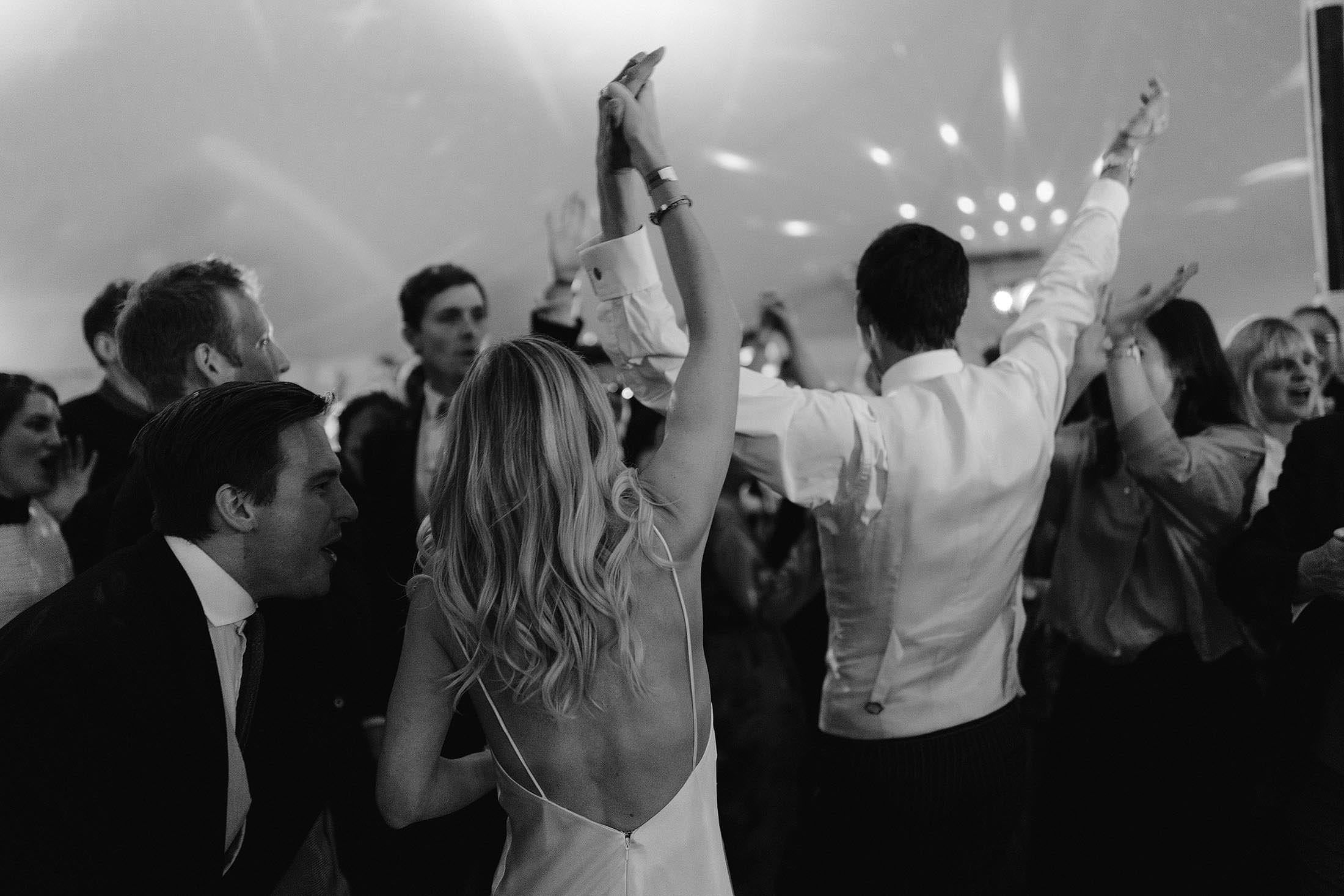 couple enter dancefloor at battersea london wedding