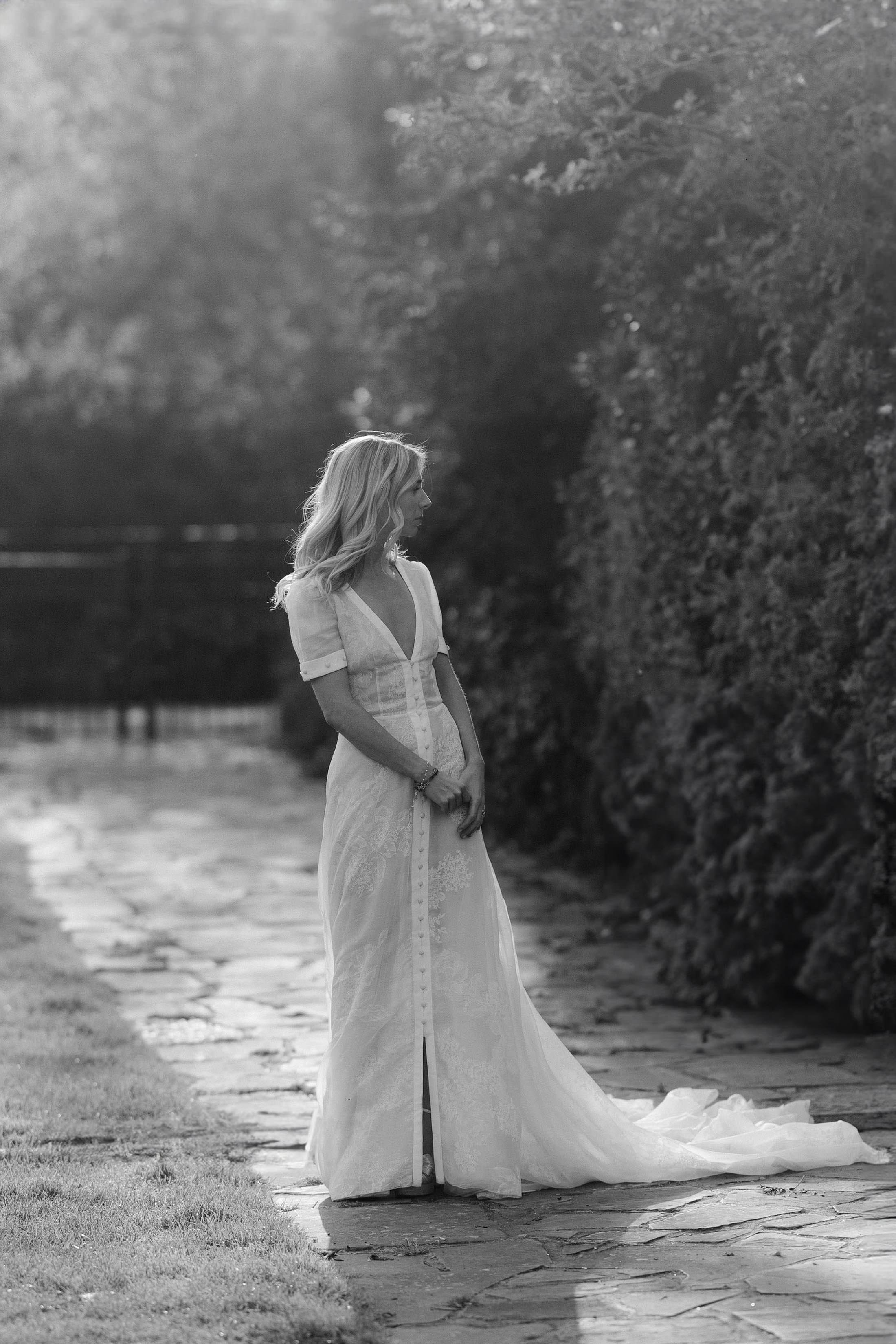 black and white photo of bride in J Andreatta dress