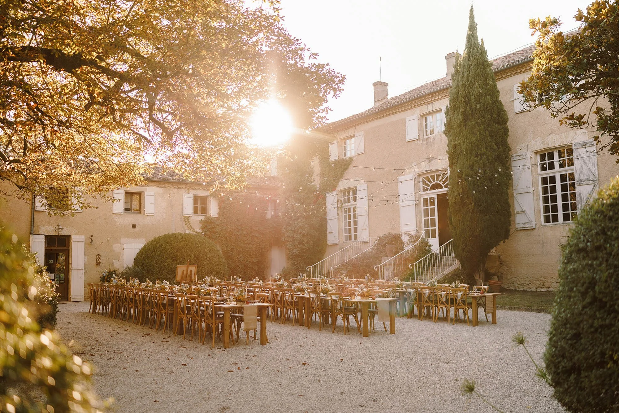 autumn table set up for chateau de lartigolle france wedding