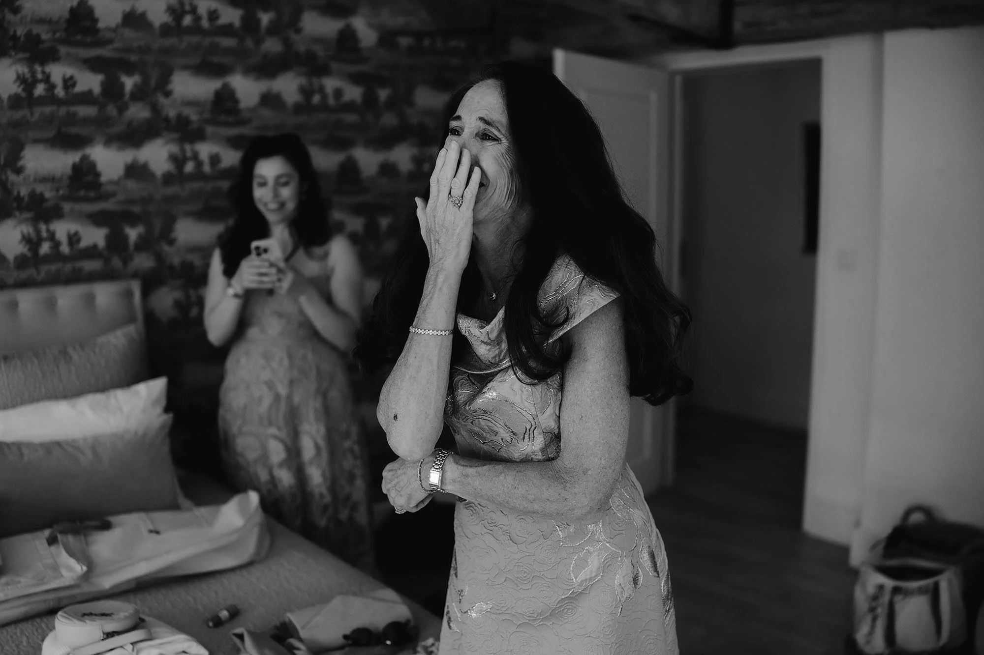 mother of the bride cries seeing bride in jenny yoo wedding dress