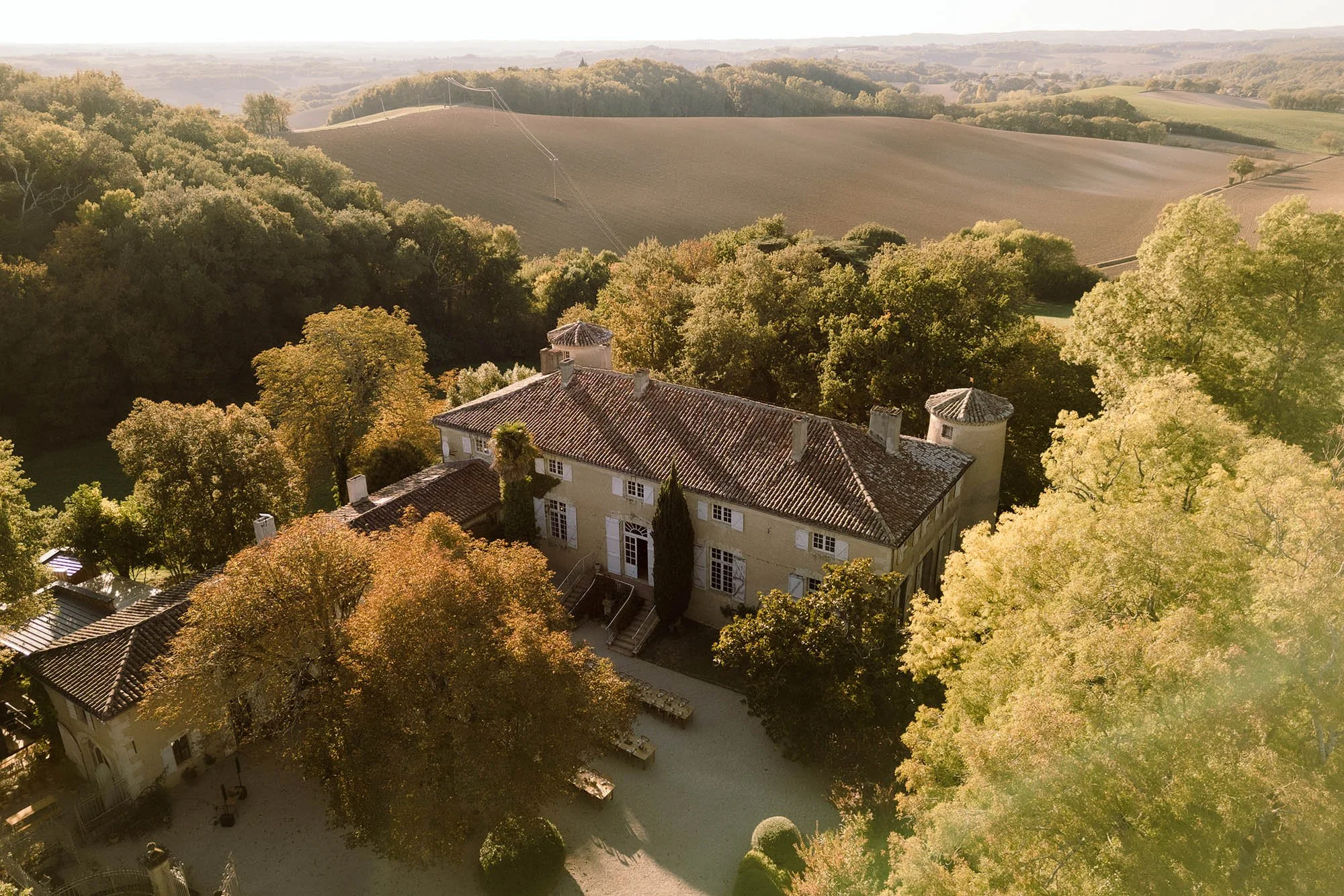 drone photo of front of chateau de lartigolle