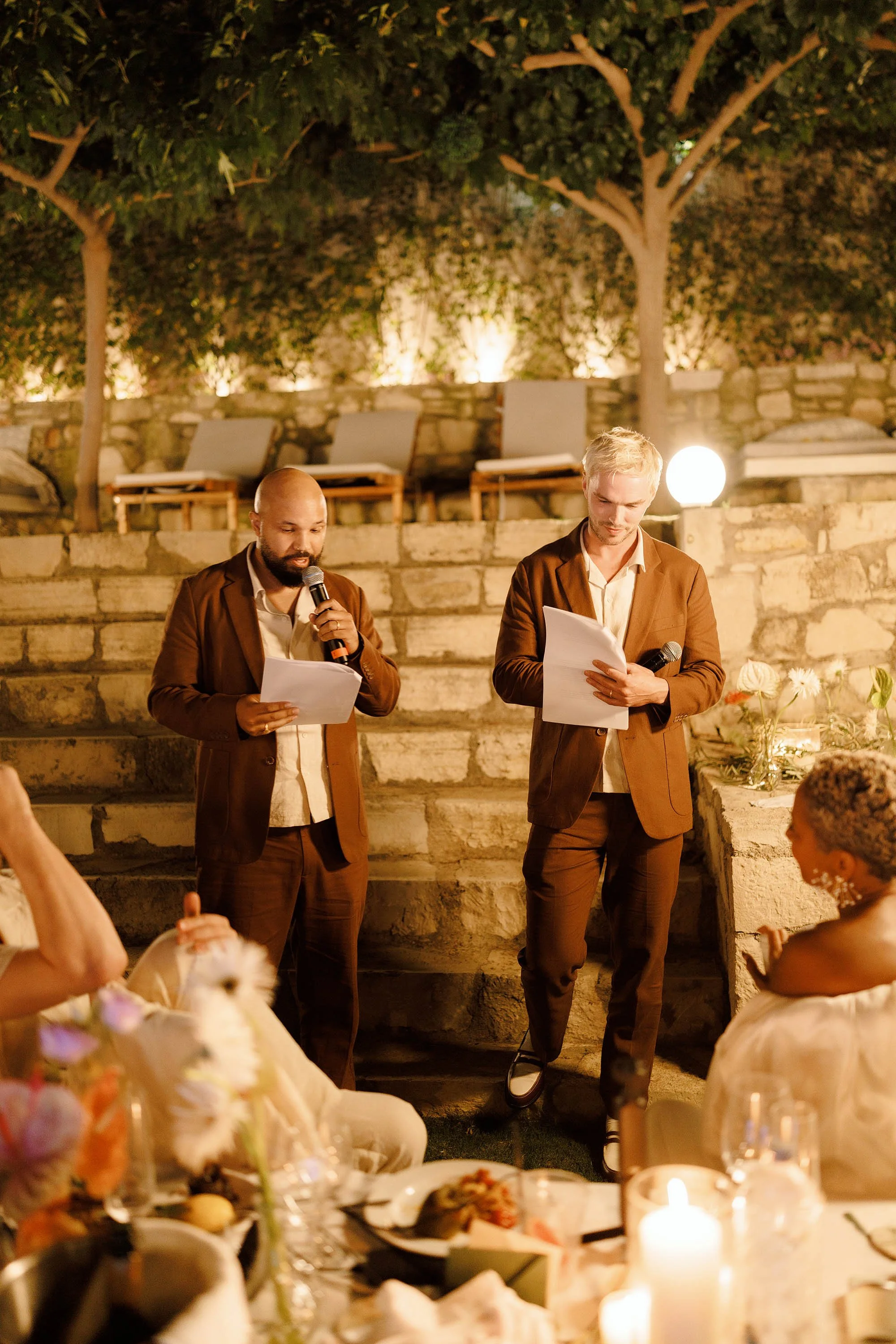two best men deliver speech at chania greece wedding