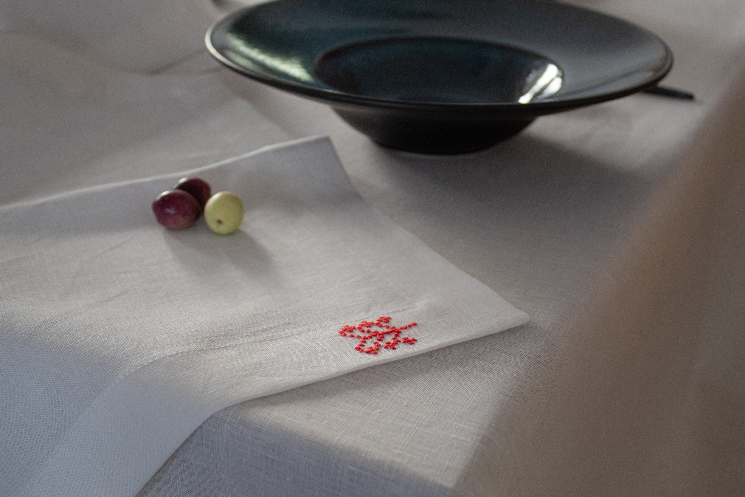 Hand Embroidered Linen Napkins (Set Of 10) in optic white