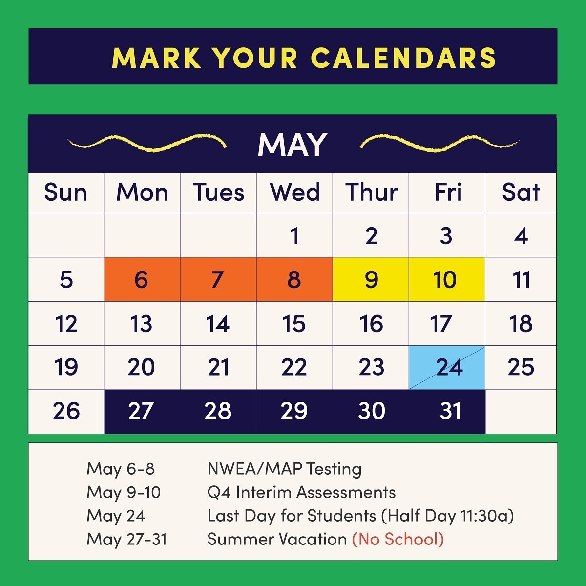 May Calendar Snapshot: Happy May! Be sure to mark your calendars for all the incredible end of year details happening this month!
_______________

Resumen del calendario de mayo: &iexcl;Feliz mayo! &iexcl;Aseg&uacute;rense de marcar en sus calendario