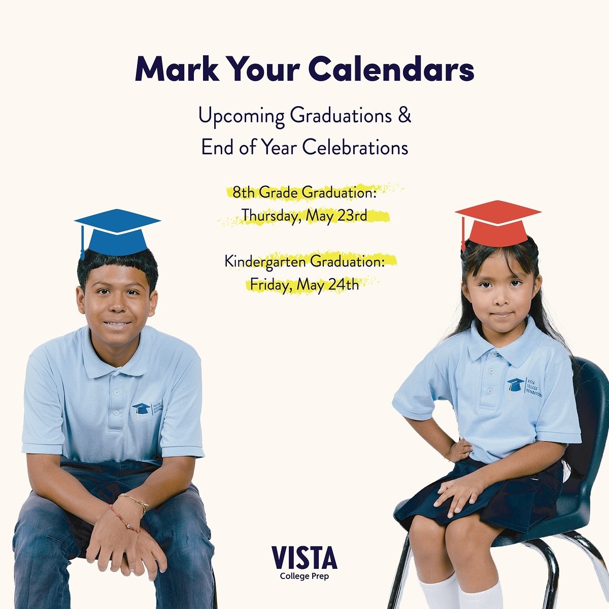 Mark your calendars for the upcoming graduations and end of year celebrations: 
- 8th grade graduation is happening on the evening of Thursday, May 23 
- Kindergarten Graduation is happening on Friday, May 24th 

Check in with your teacher and front 