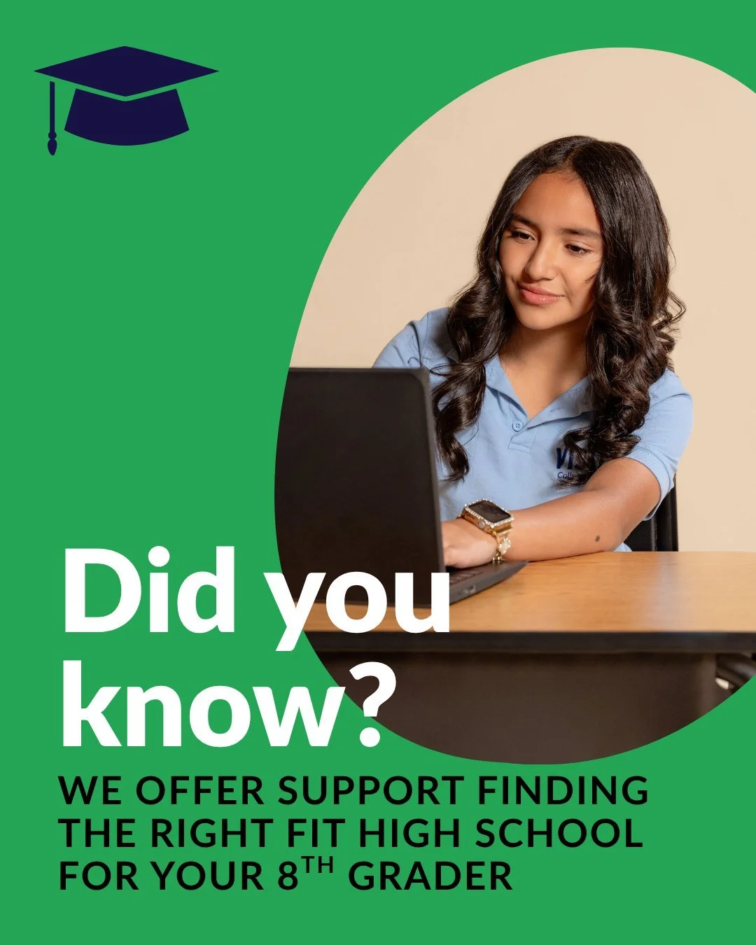 🎓💻 Did you know?
At Vista, we walk alongside our 8th graders and families as they take the next big step&mdash;finding the high school that&rsquo;s the right fit. From applications to deadlines to personalized guidance, we&rsquo;re here to support 