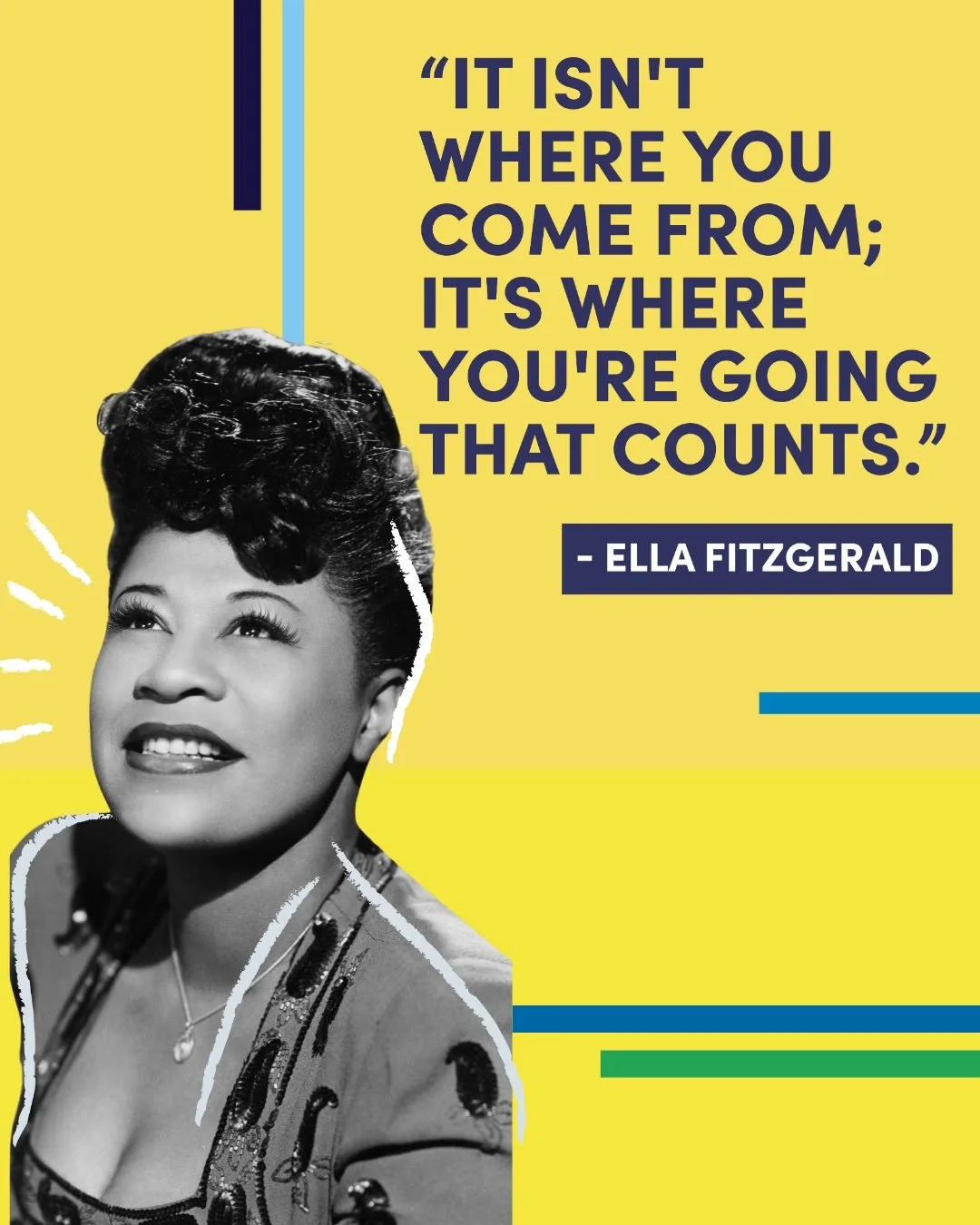 ✨ Honoring Black History Month

Today, we showcase the legacy of Ella Fitzgerald, whose voice and perseverance helped shape music and culture. Her words remind us that our future is defined by our dreams, determination, and the paths we choose forwar