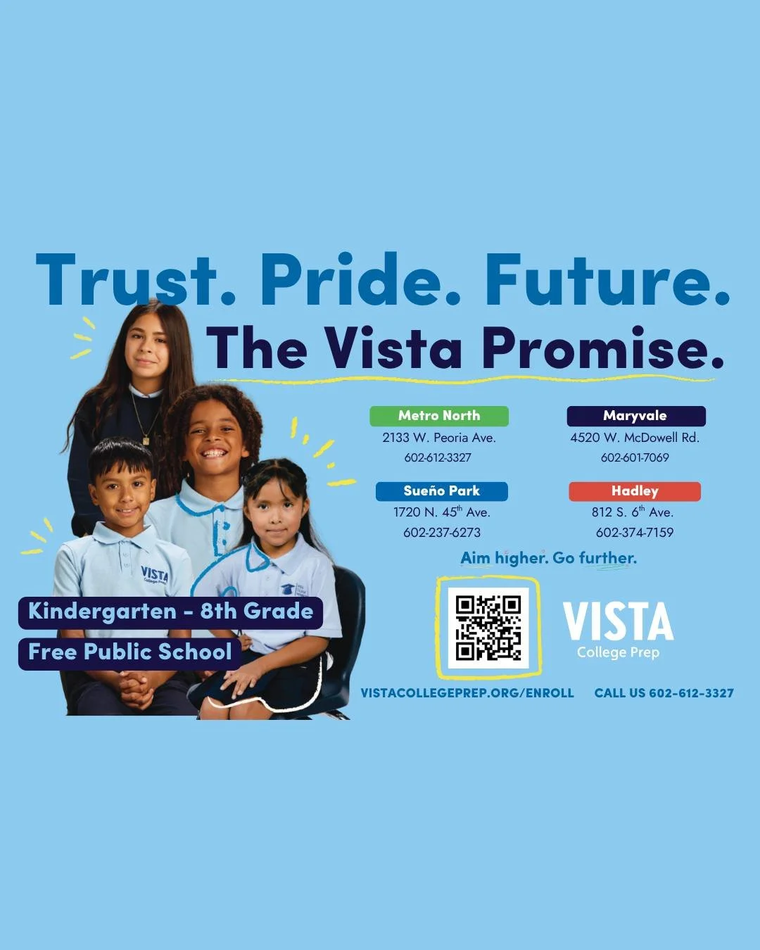 Trust. Pride. Future. 💙
That&rsquo;s the Vista Promise.

At VISTA College Prep, we&rsquo;re building more than strong students&mdash;we&rsquo;re building confidence, community, and futures.

✔️ Kinder&ndash;8th Grade
✔️ Free public charter school
✔️