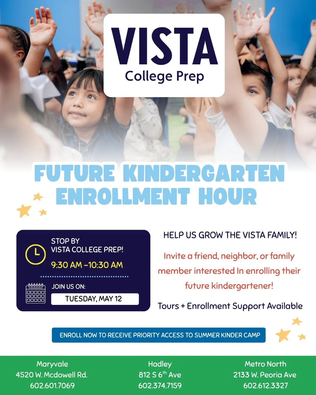 🎒✨ Future Kinder Enrollment Hour at Vista College Prep ✨🎒

Do you know a family with a child starting Kindergarten this fall? Invite them to join us for our Future Kinder Enrollment Hour on Tuesday, May 12 from 9:30&ndash;10:30 AM at all Vista Coll