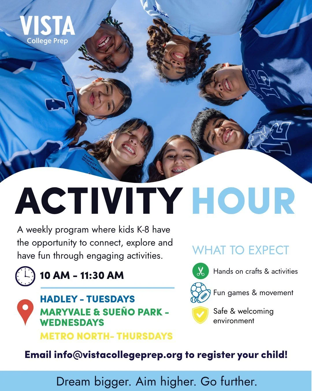 ☀️ Looking for something fun to do this summer? Join Vista College Prep for Summer Activity Hour and bring a friend!

During Activity Hour, students will enjoy hands-on crafts, interactive games, and sports in a safe, welcoming, and supportive enviro