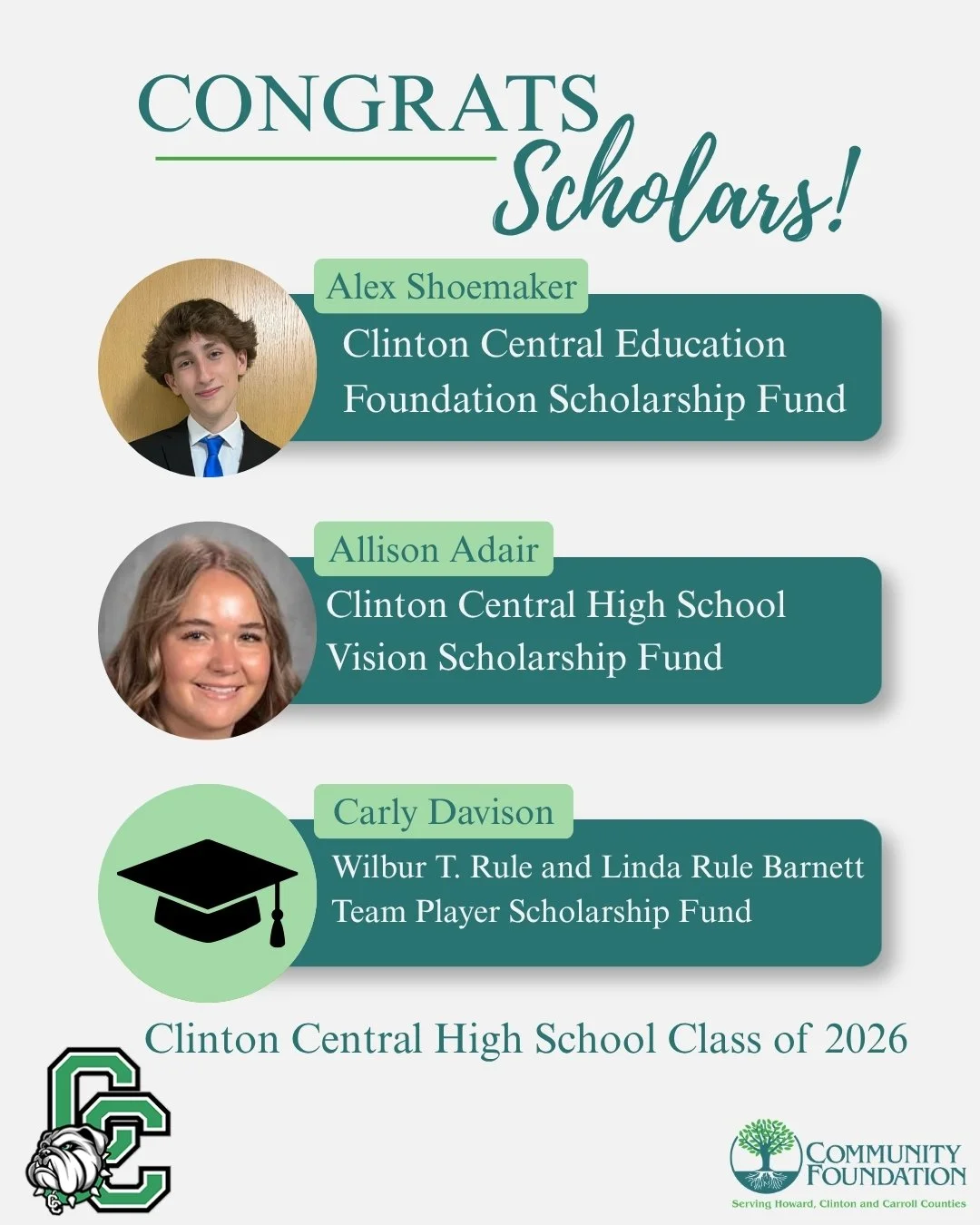 Happy Scholar Sunday! Each of these graduates of Clinton Central High School earned scholarships awarded by the Clinton County Community Foundation. 

Generous donors establish and contribute to these scholarships, and we thank them for supporting th