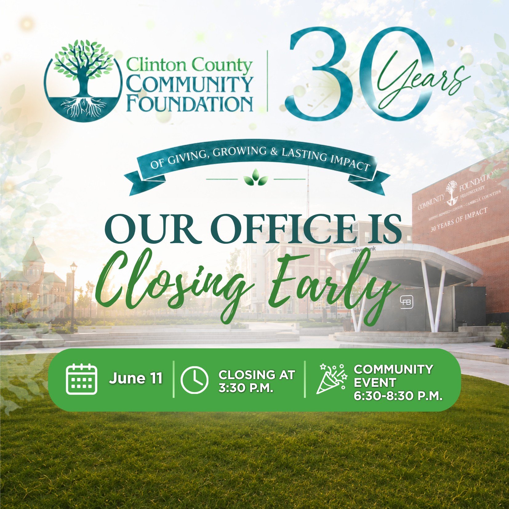 Our office will close early at 3:30 p.m. today, June 11, as we celebrate 30 years of impact in Clinton County.

We hope you'll join us at Prairie Creek Park in Frankfort from 6:30&ndash;8:30 p.m. for our free Community Concert Celebration featuring l