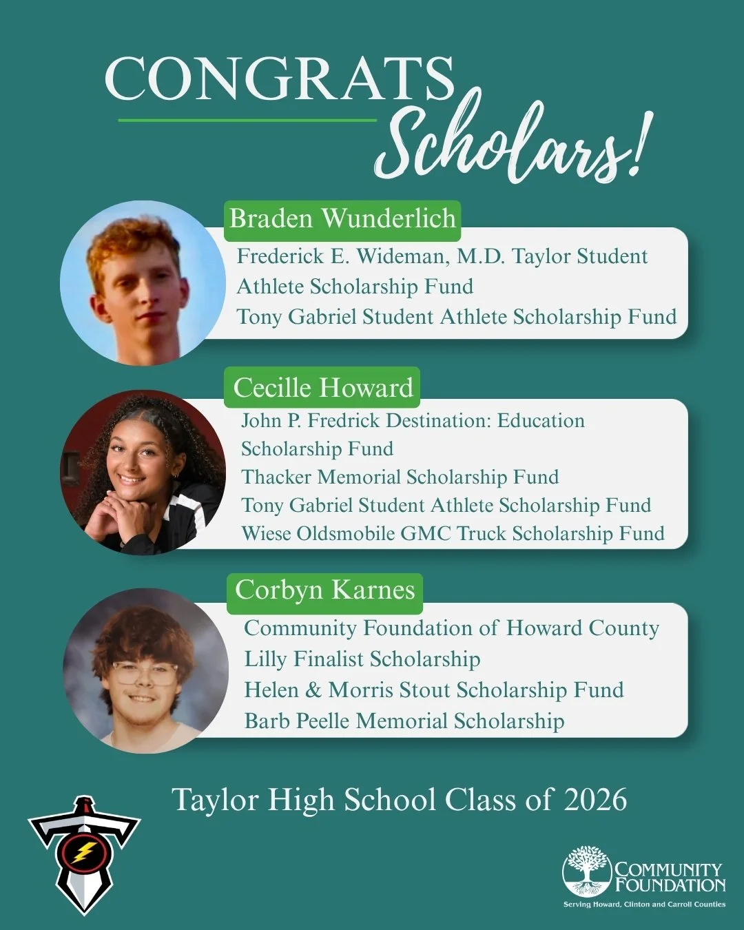 Happy Scholar Sunday! Each of these graduates of Taylor High School earned scholarships awarded by the Community Foundation of Howard County. 

Generous donors establish and contribute to these scholarships, and we thank them for supporting the futur